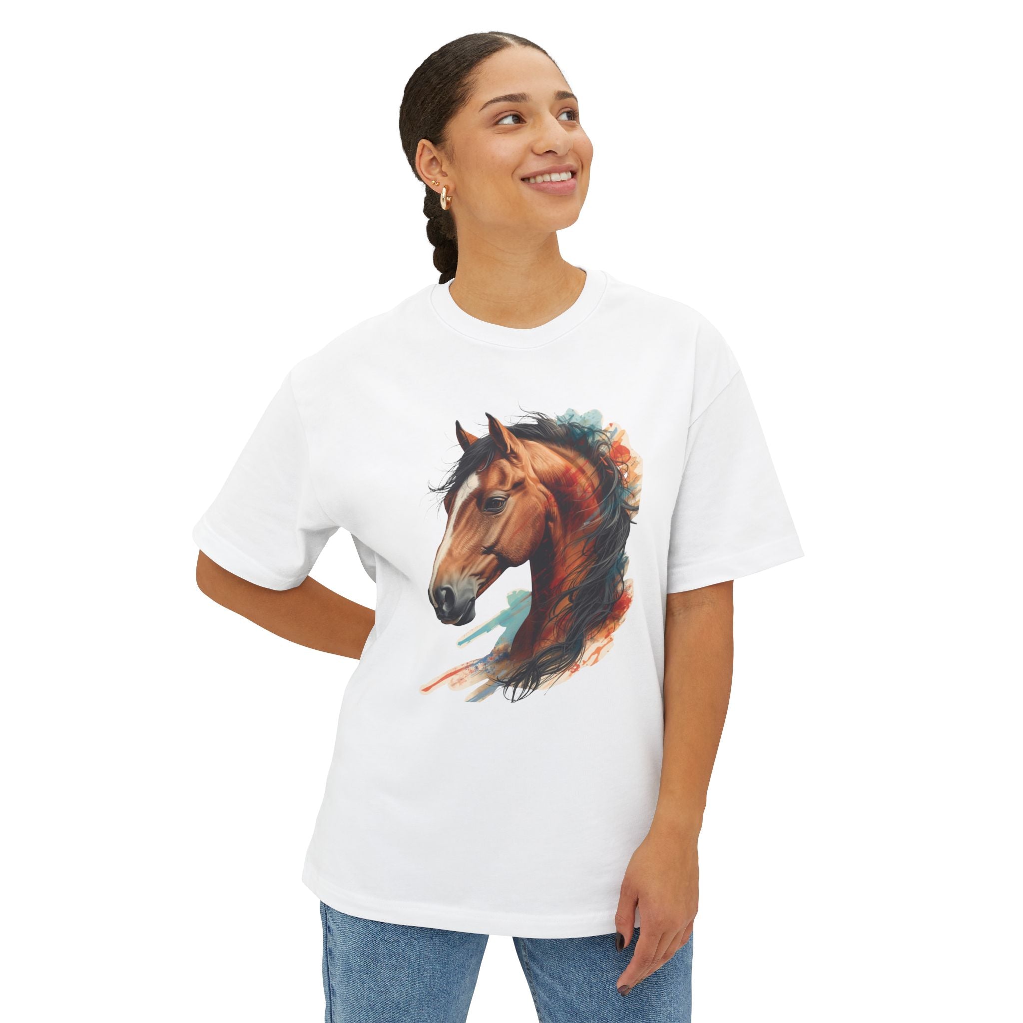 Horse Portrait Boxy Tee — Watercolor Stallion Graphic T-Shirt