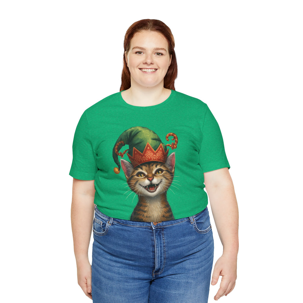 Cat Elf T-Shirt — Smiling Tabby in Festive Elf Hat