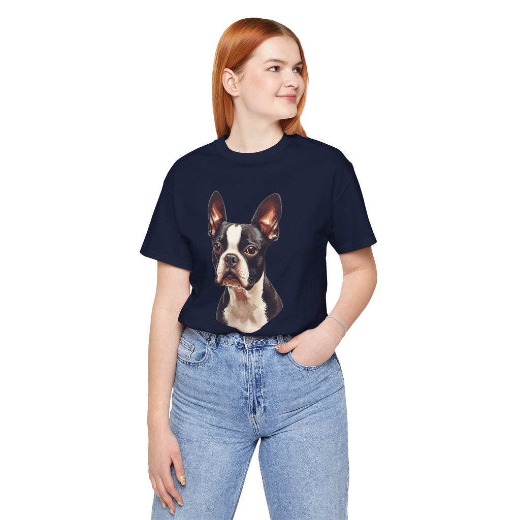 Boston Terrier Portrait T-Shirt – Realistic Dog Face Tee for Pet Lovers