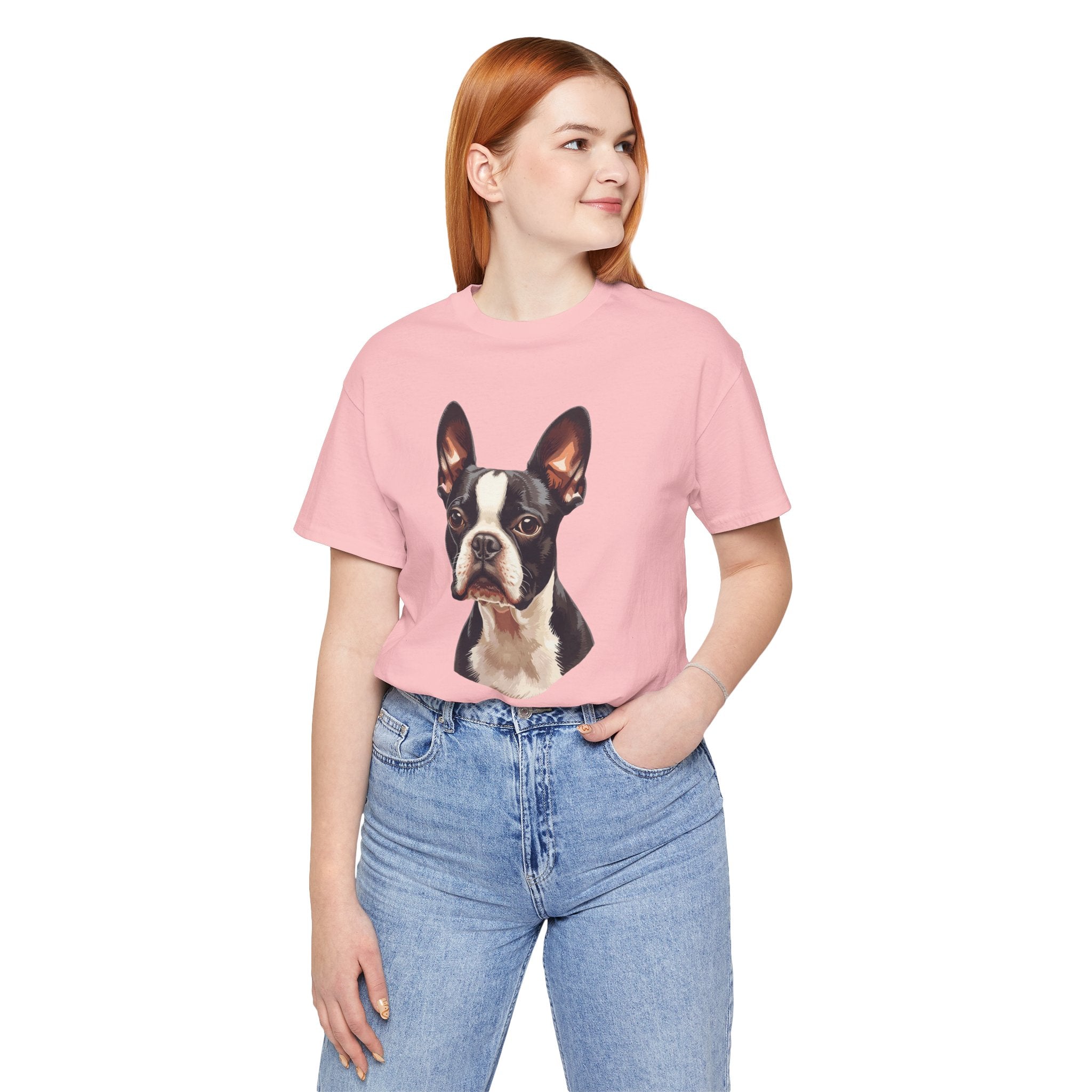 Boston Terrier Portrait T-Shirt – Realistic Dog Face Tee for Pet Lovers