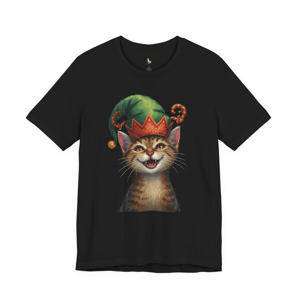 Cat Elf T-Shirt — Smiling Tabby in Festive Elf Hat