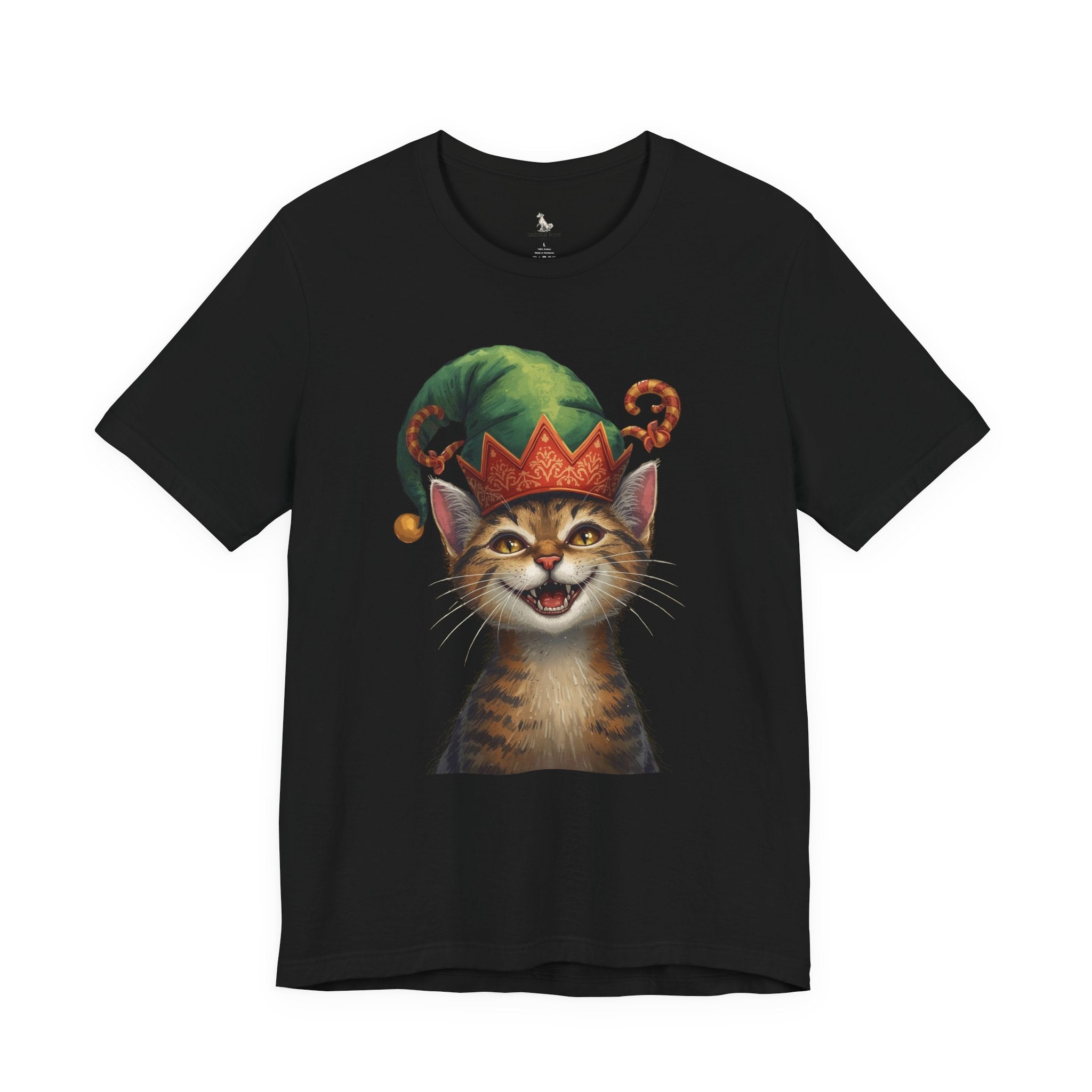 Cat Elf T-Shirt — Smiling Tabby in Festive Elf Hat