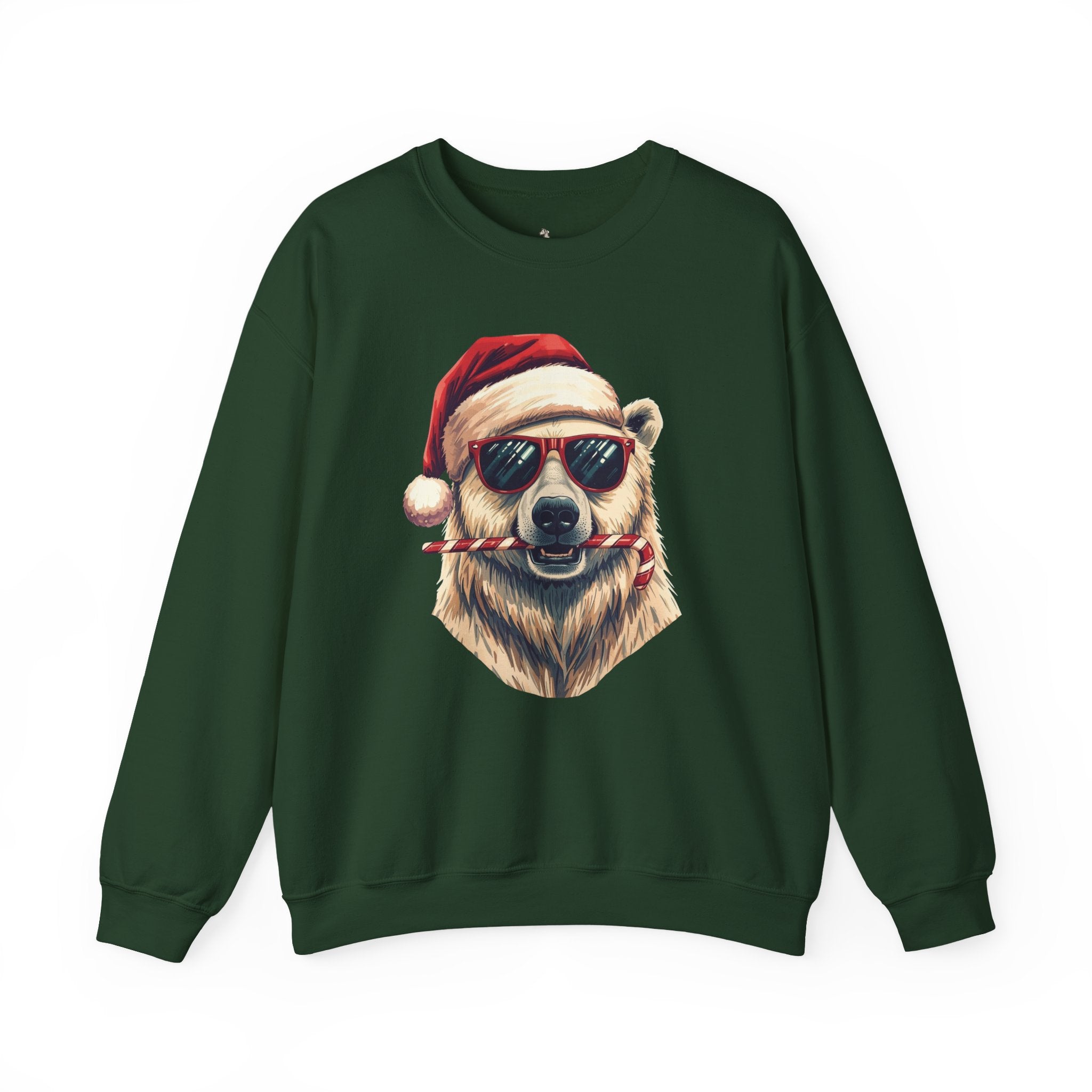 Christmas Polar Bear Crewneck Sweatshirt - Santa Hat & Candy Cane Holiday Pullover