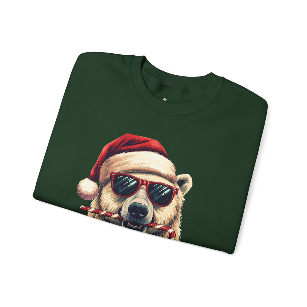Christmas Polar Bear Crewneck Sweatshirt - Santa Hat & Candy Cane Holiday Pullover