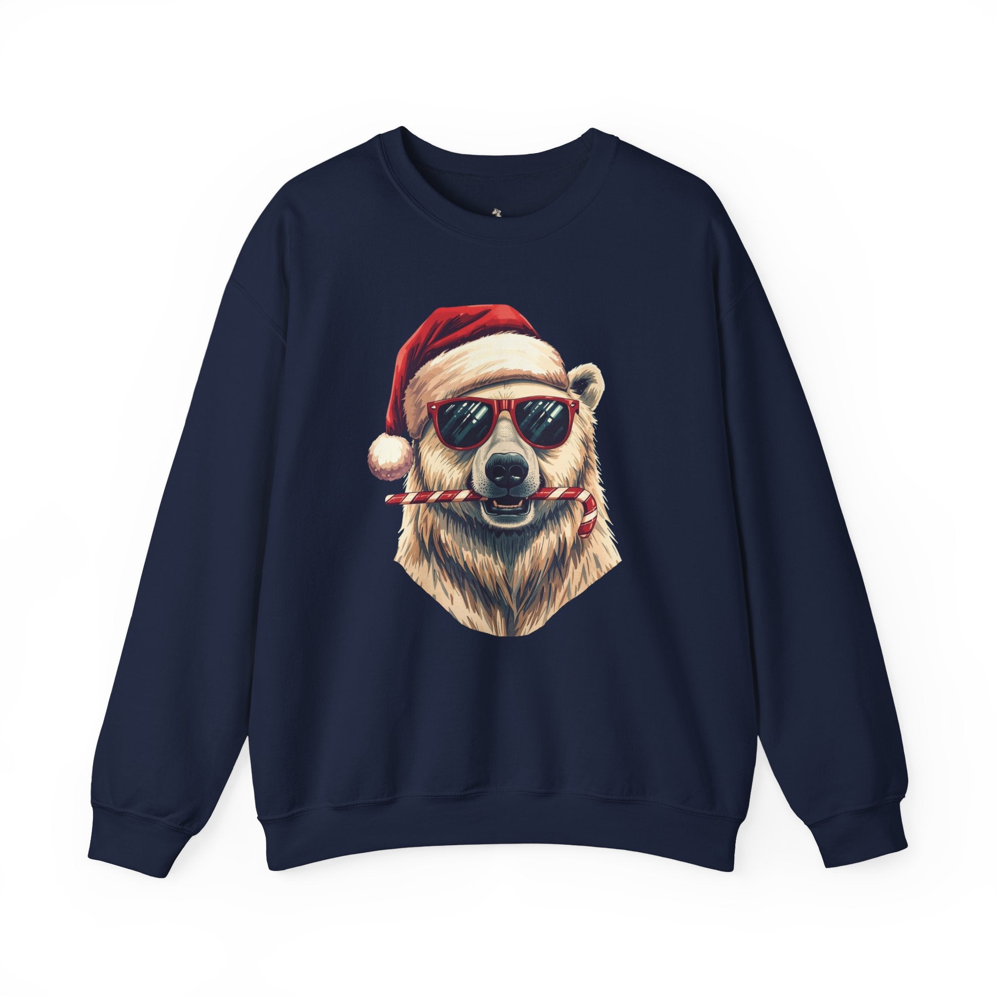 Christmas Polar Bear Crewneck Sweatshirt - Santa Hat & Candy Cane Holiday Pullover