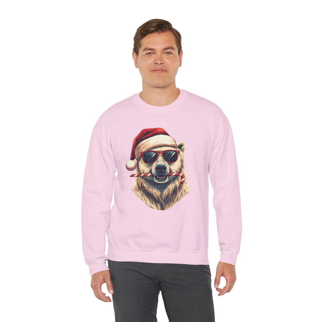 Christmas Polar Bear Crewneck Sweatshirt - Santa Hat & Candy Cane Holiday Pullover
