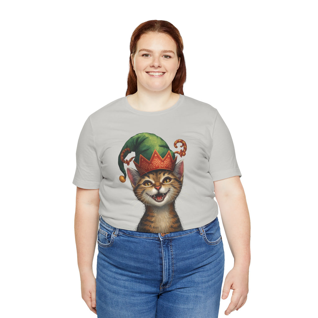 Cat Elf T-Shirt — Smiling Tabby in Festive Elf Hat