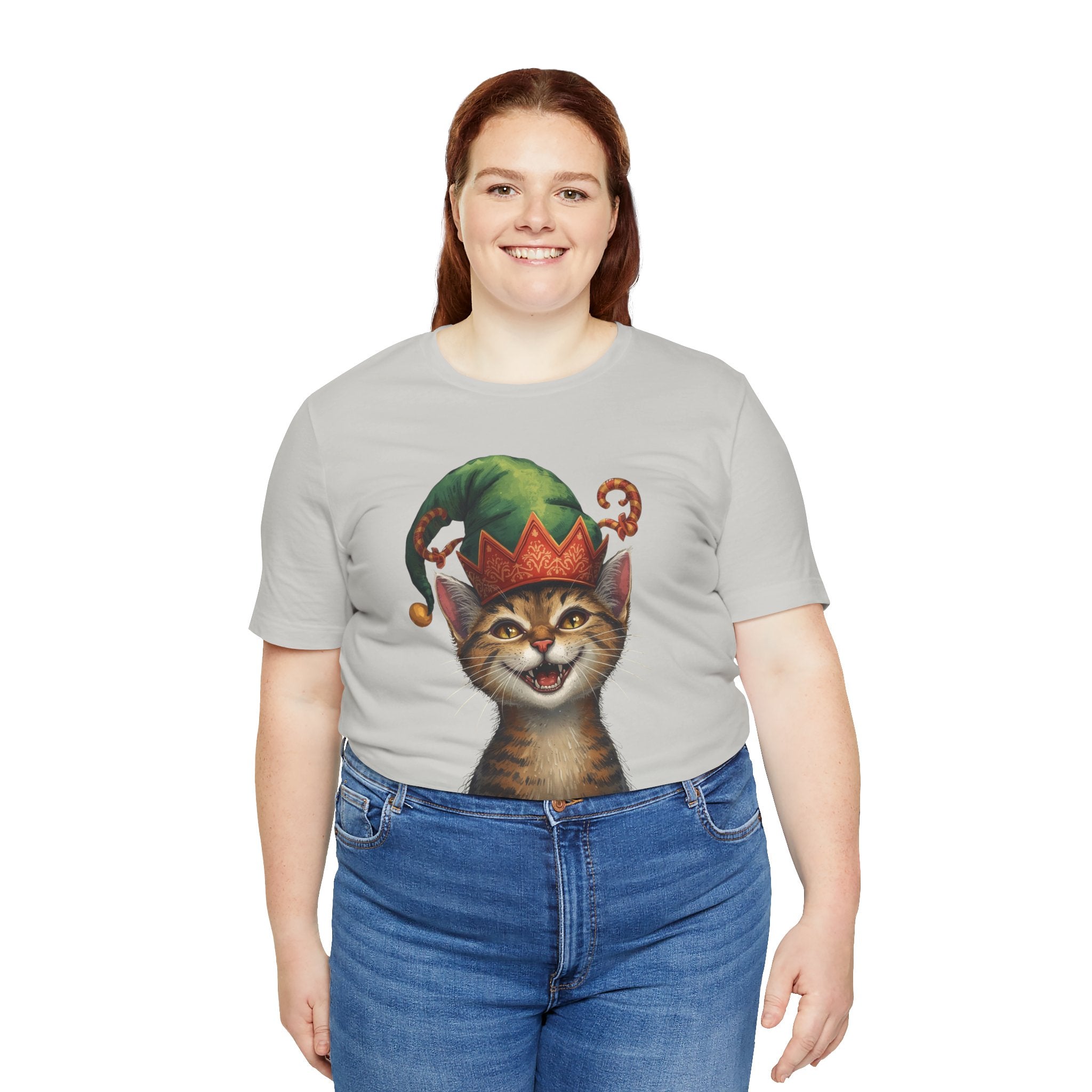 Cat Elf T-Shirt — Smiling Tabby in Festive Elf Hat