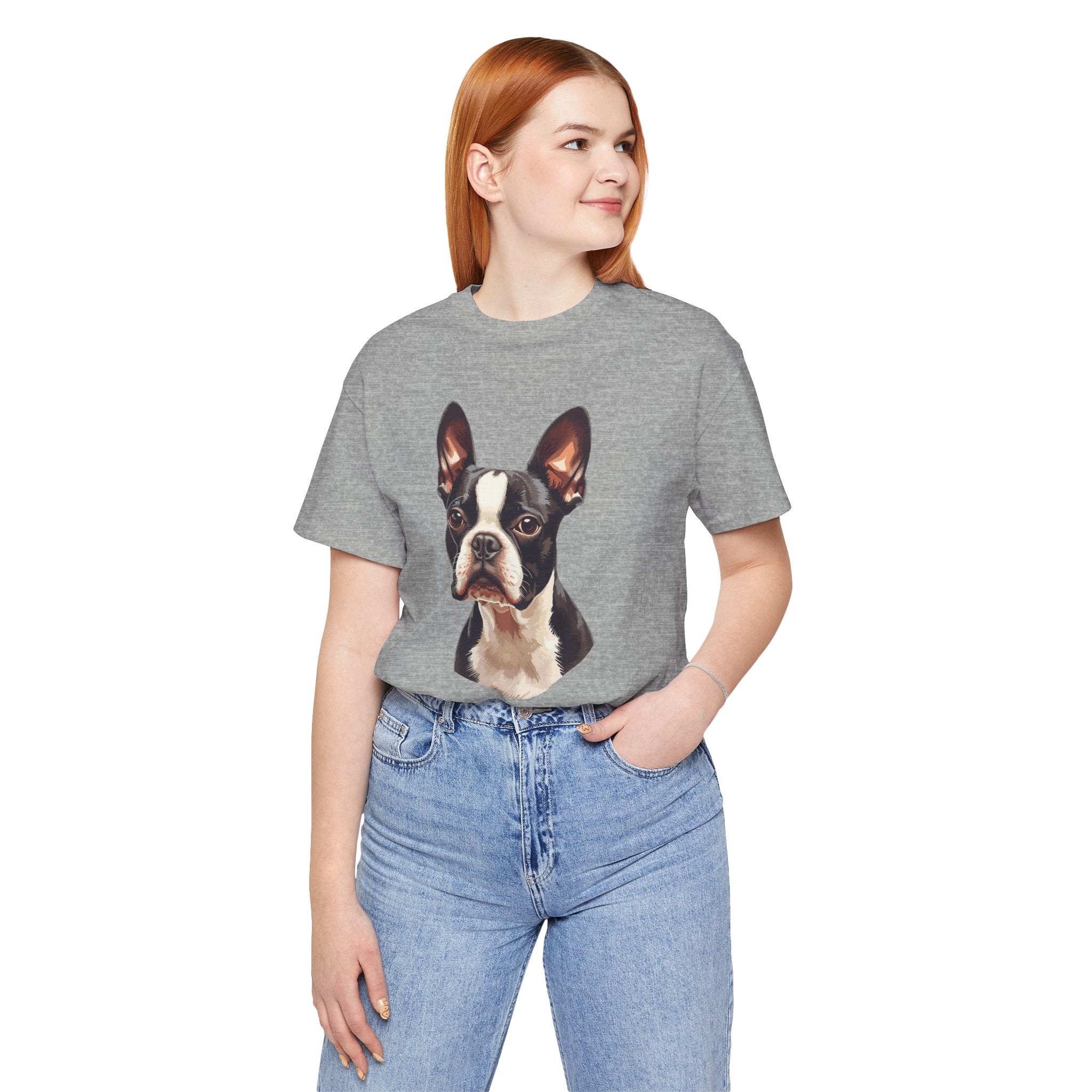Boston Terrier Portrait T-Shirt – Realistic Dog Face Tee for Pet Lovers