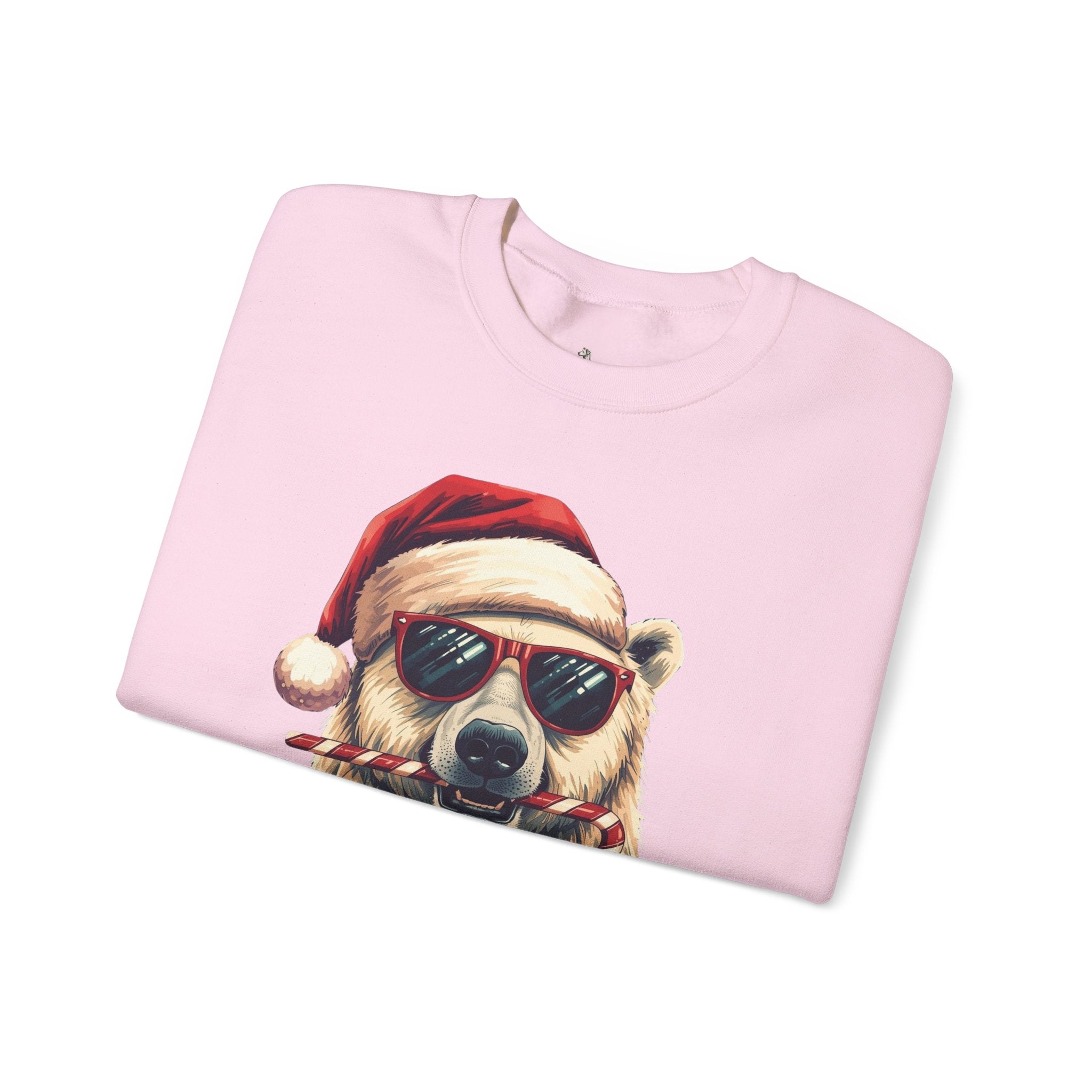 Christmas Polar Bear Crewneck Sweatshirt - Santa Hat & Candy Cane Holiday Pullover