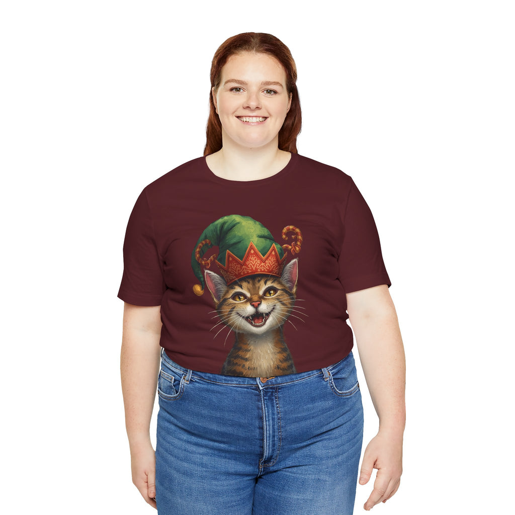 Cat Elf T-Shirt — Smiling Tabby in Festive Elf Hat