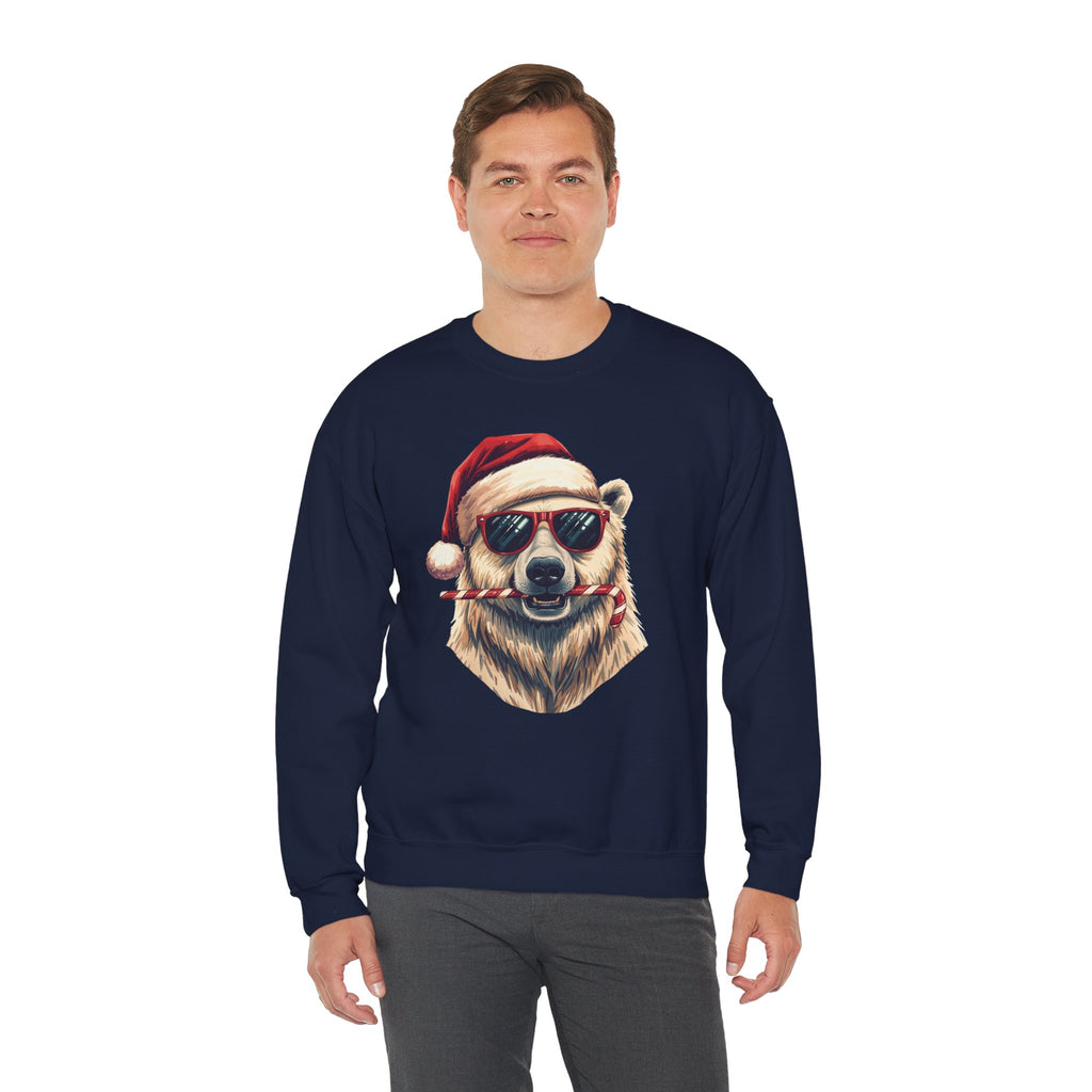 Christmas Polar Bear Crewneck Sweatshirt - Santa Hat & Candy Cane Holiday Pullover