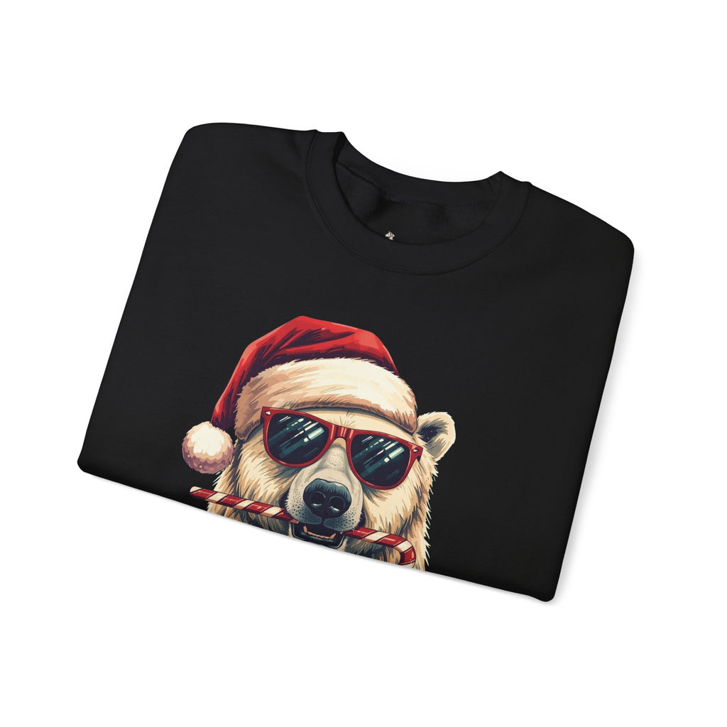 Christmas Polar Bear Crewneck Sweatshirt - Santa Hat & Candy Cane Holiday Pullover