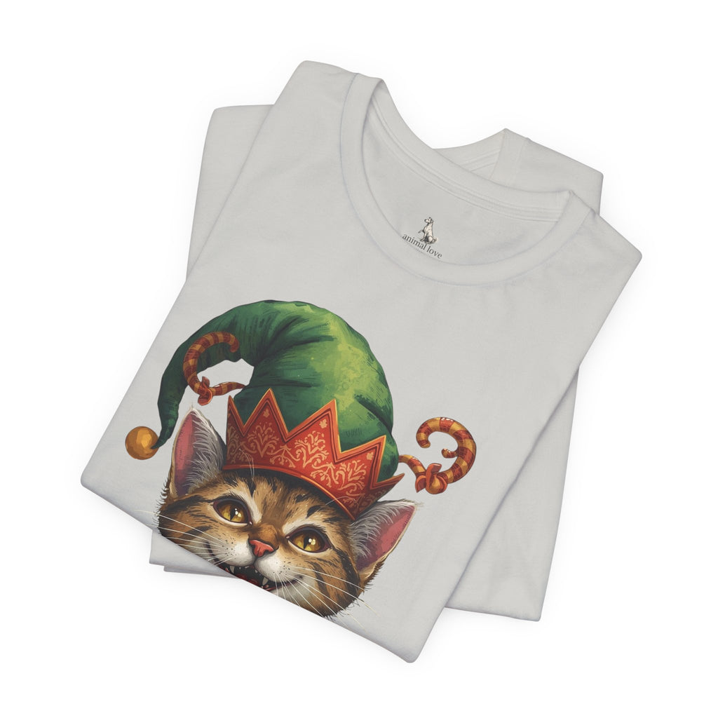 Cat Elf T-Shirt — Smiling Tabby in Festive Elf Hat