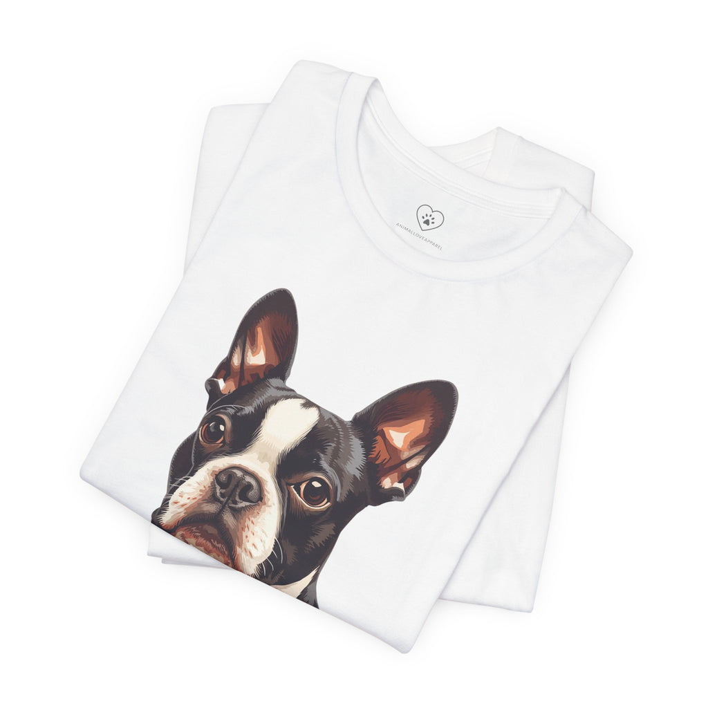 Boston Terrier Portrait T-Shirt – Realistic Dog Face Tee for Pet Lovers