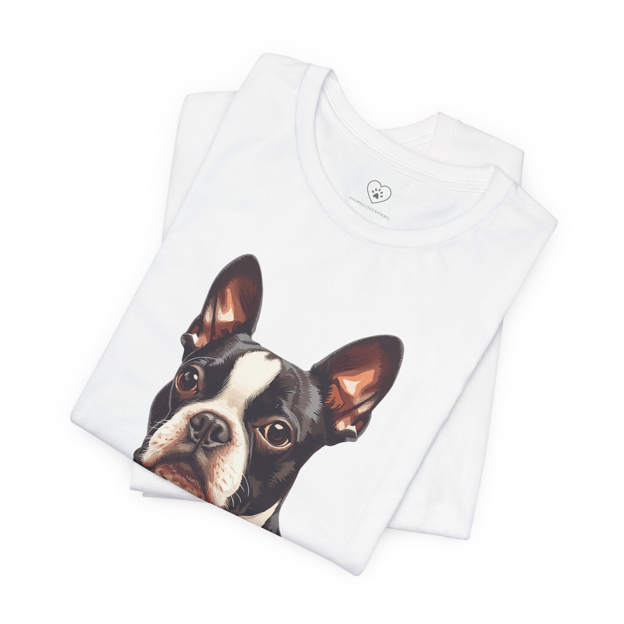 Boston Terrier Portrait T-Shirt – Realistic Dog Face Tee for Pet Lovers