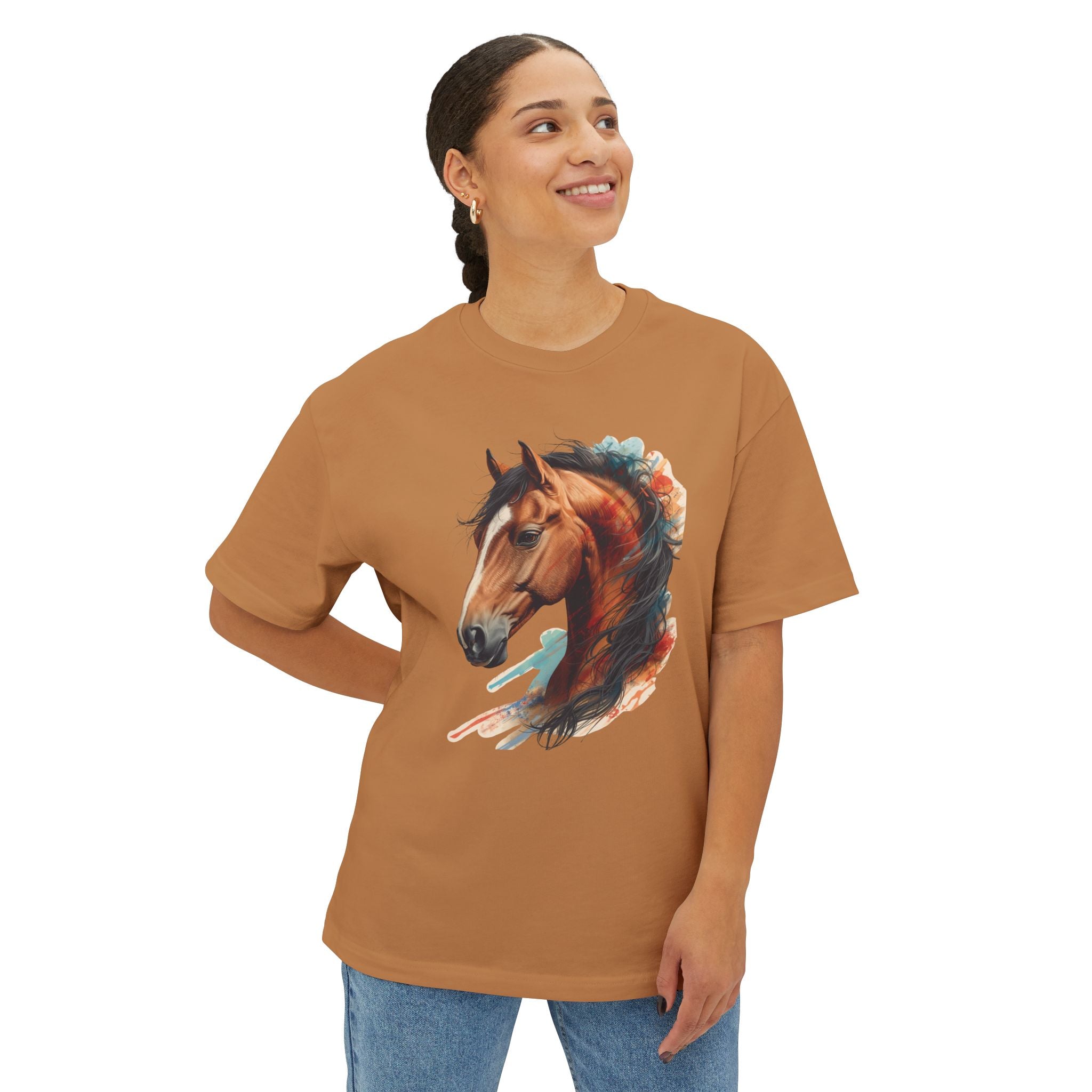 Horse Portrait Boxy Tee — Watercolor Stallion Graphic T-Shirt