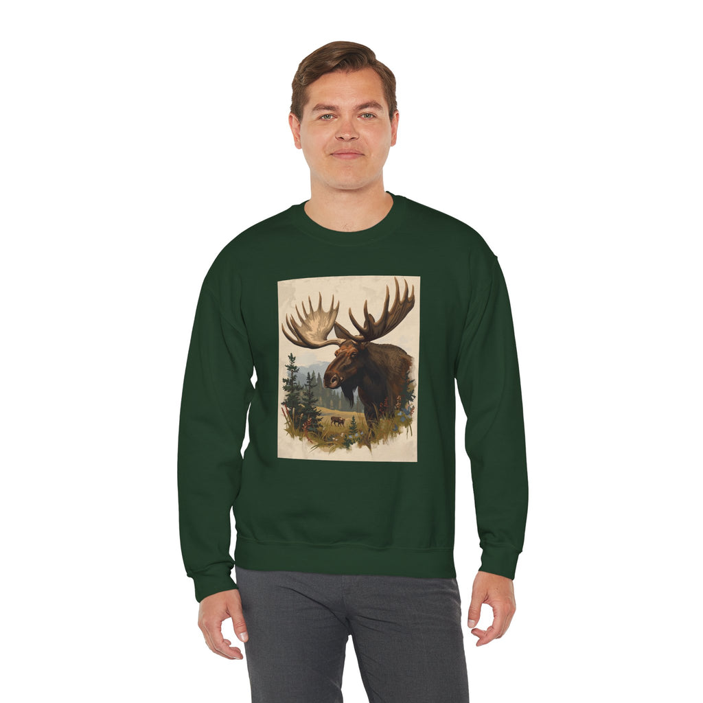 Moose in the Woods Crewneck Sweatshirt — Woodland Moose Illustration
