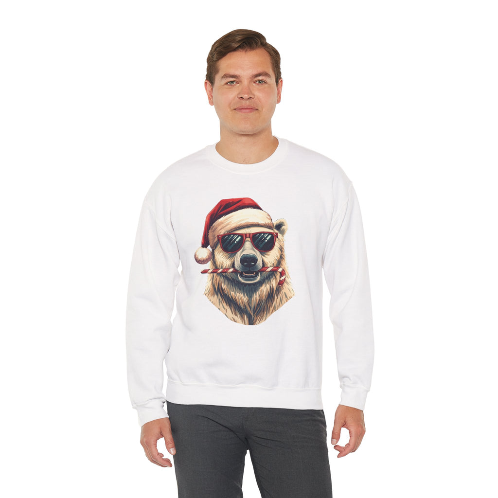 Christmas Polar Bear Crewneck Sweatshirt - Santa Hat & Candy Cane Holiday Pullover