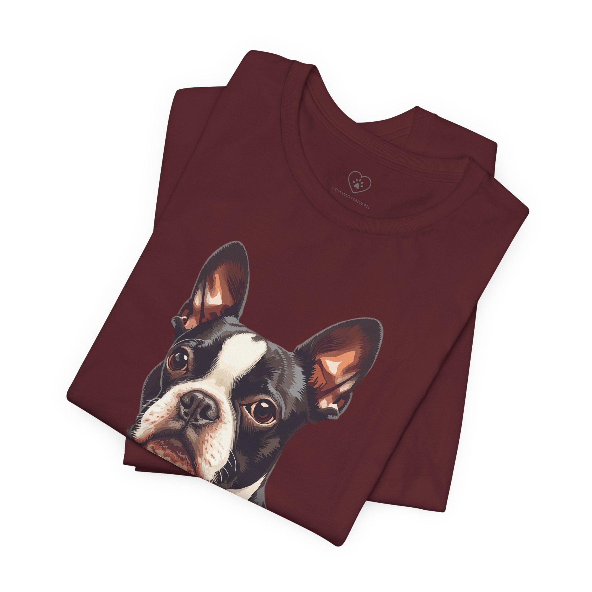 Boston Terrier Portrait T-Shirt – Realistic Dog Face Tee for Pet Lovers