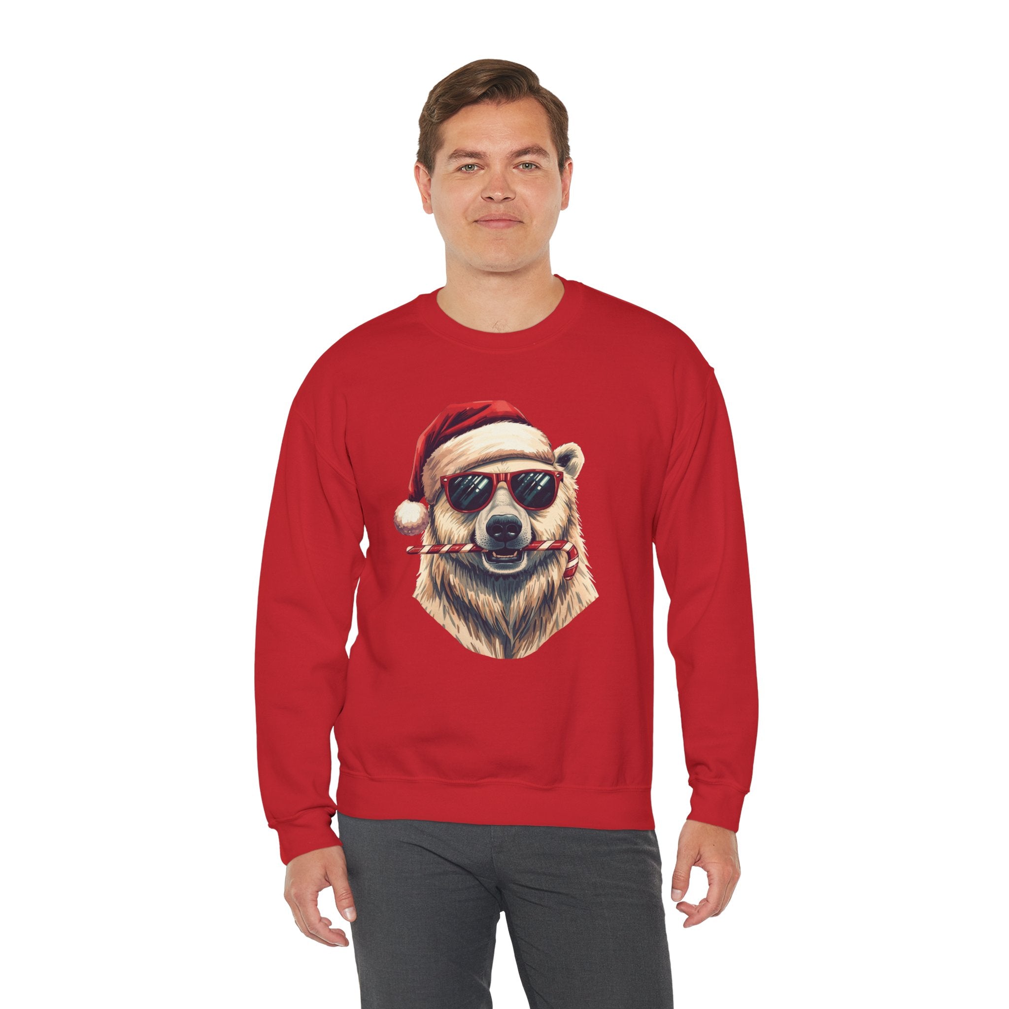 Christmas Polar Bear Crewneck Sweatshirt - Santa Hat & Candy Cane Holiday Pullover