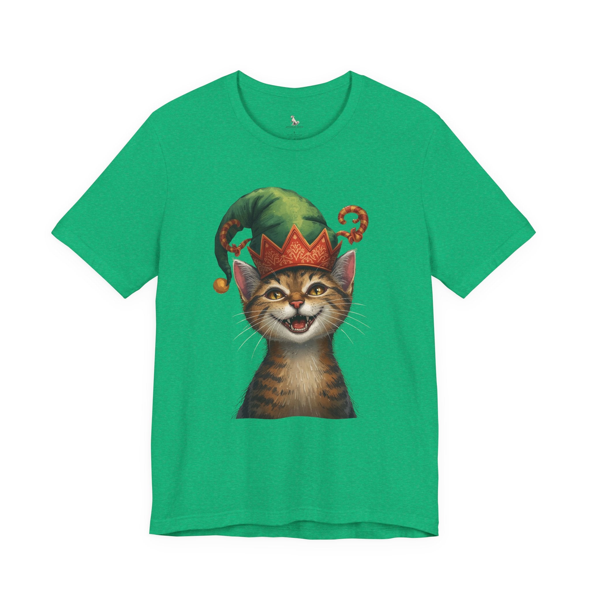 Cat Elf T-Shirt — Smiling Tabby in Festive Elf Hat