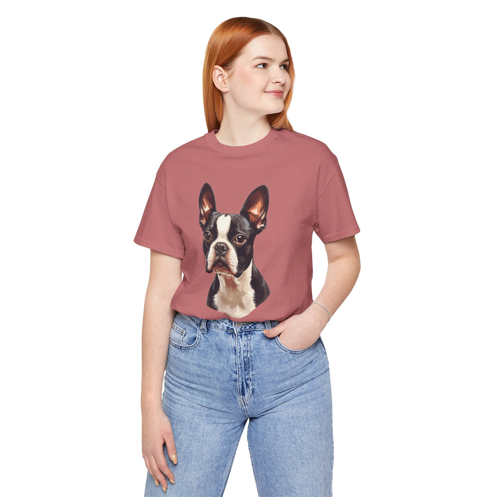 Boston Terrier Portrait T-Shirt – Realistic Dog Face Tee for Pet Lovers