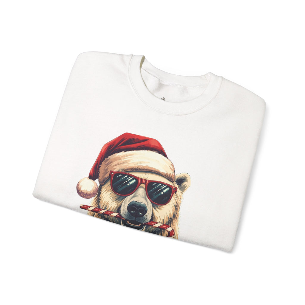 Christmas Polar Bear Crewneck Sweatshirt - Santa Hat & Candy Cane Holiday Pullover