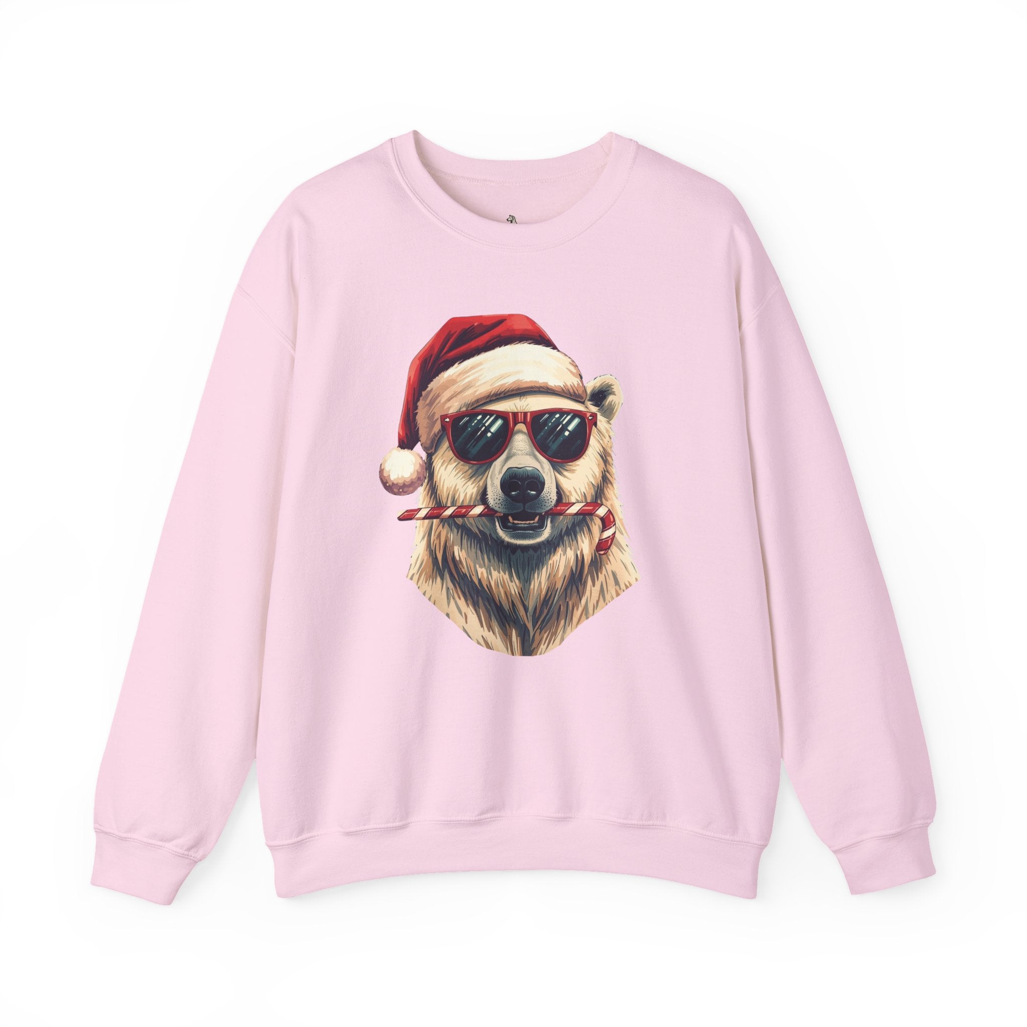 Christmas Polar Bear Crewneck Sweatshirt - Santa Hat & Candy Cane Holiday Pullover