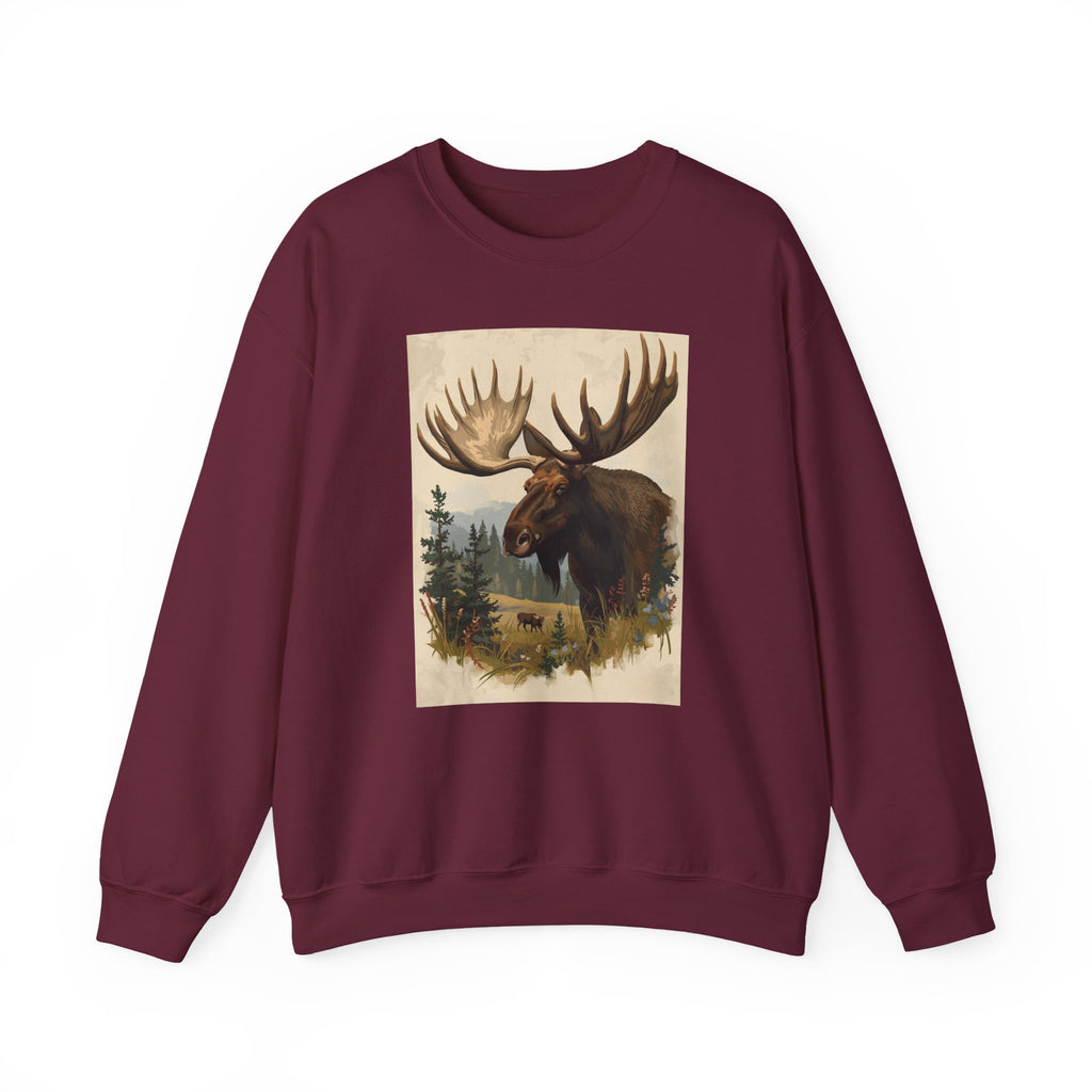 Moose in the Woods Crewneck Sweatshirt — Woodland Moose Illustration