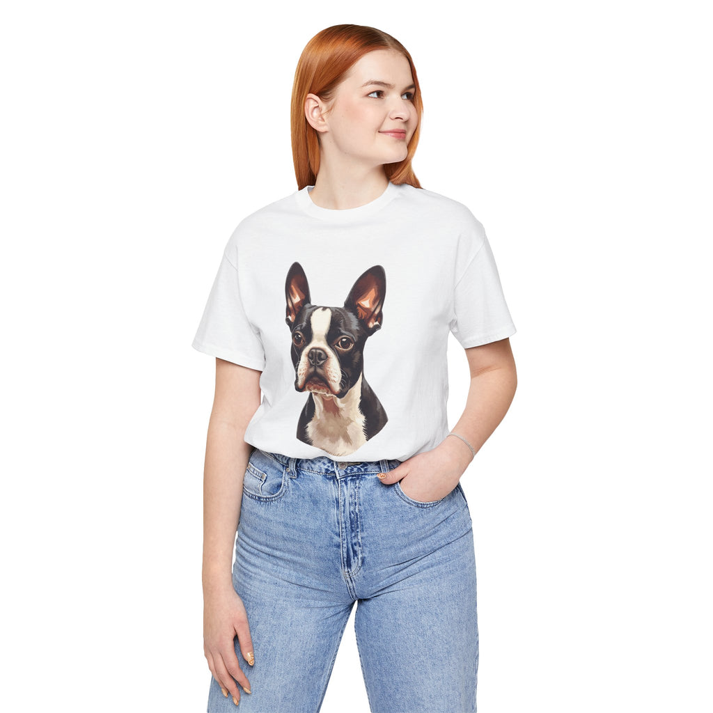 Boston Terrier Portrait T-Shirt – Realistic Dog Face Tee for Pet Lovers