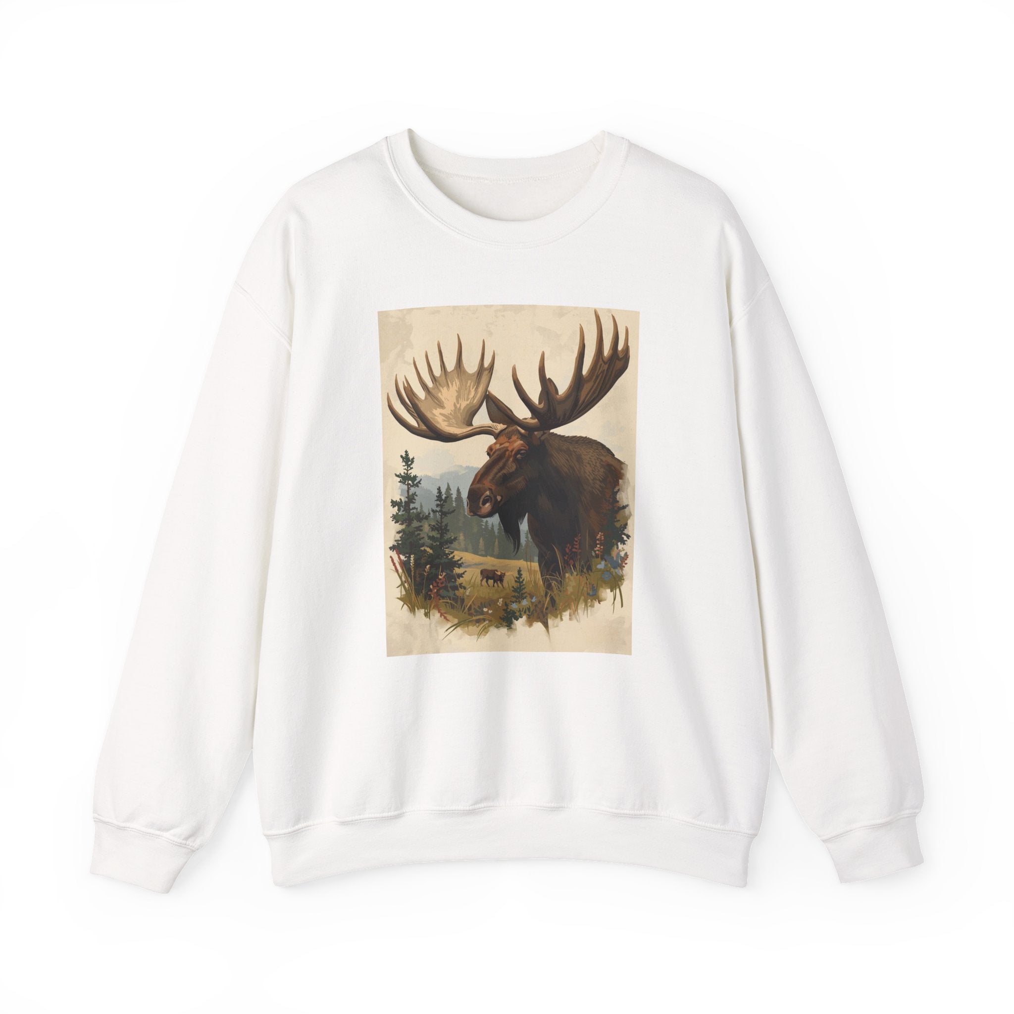 Moose in the Woods Crewneck Sweatshirt — Woodland Moose Illustration