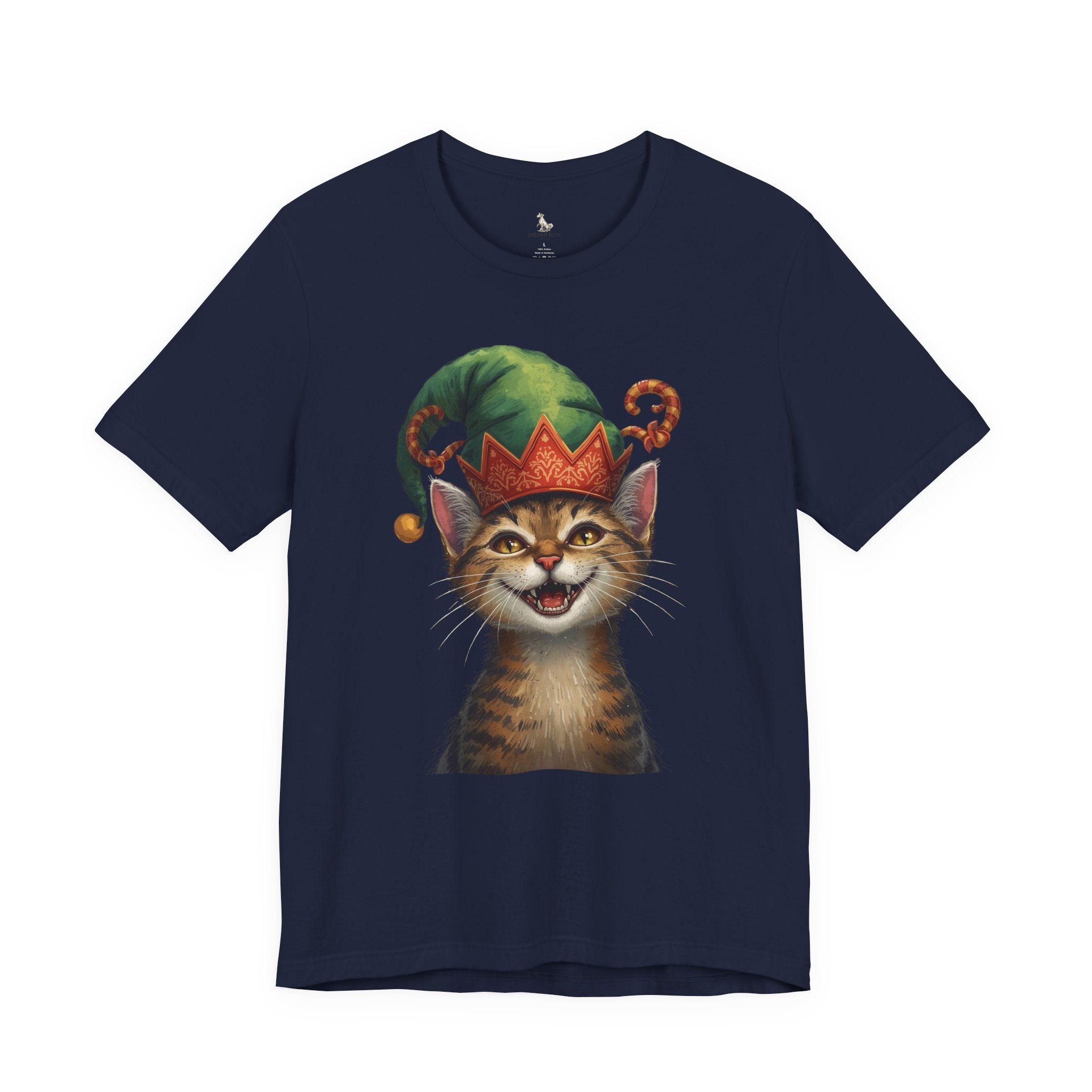 Cat Elf T-Shirt — Smiling Tabby in Festive Elf Hat