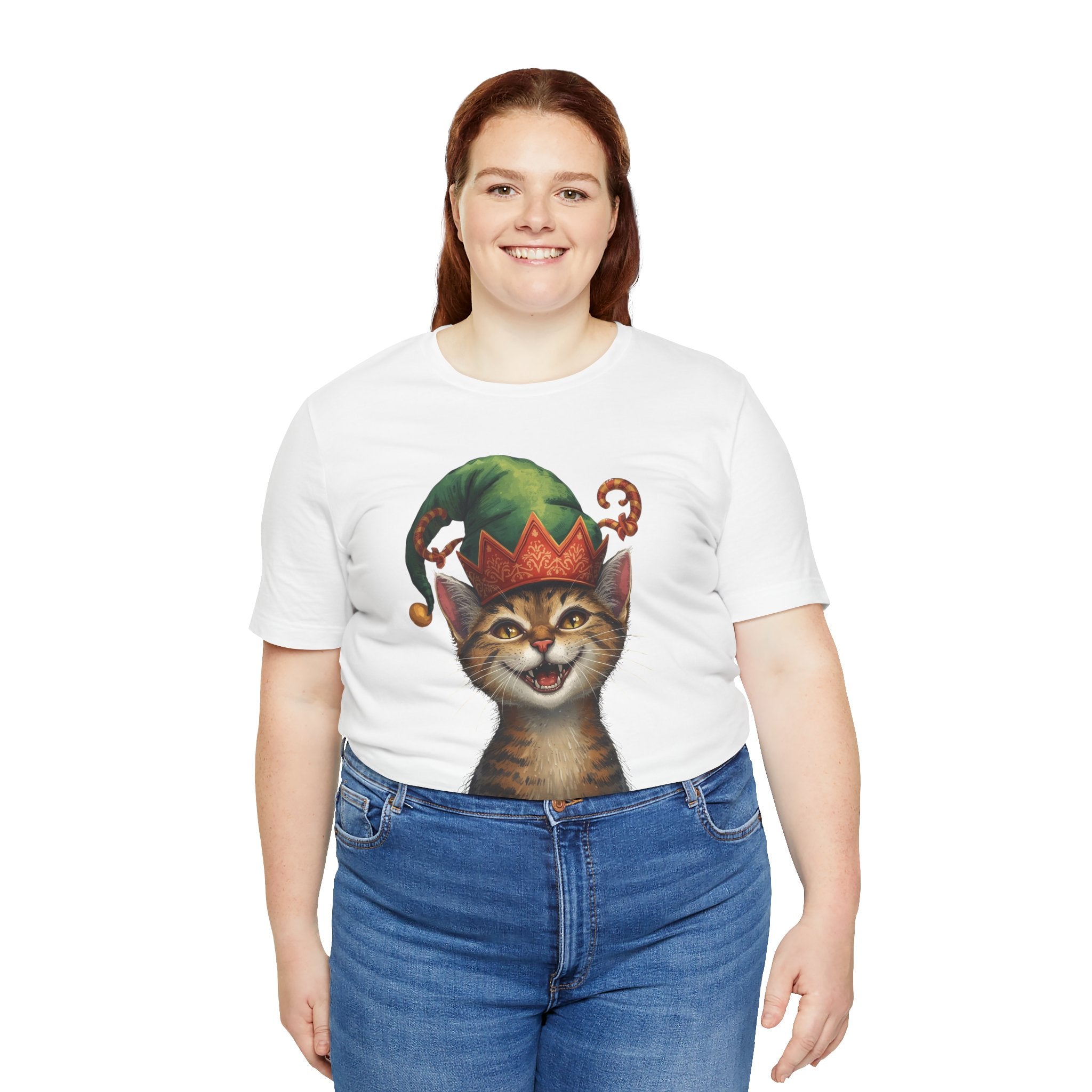 Cat Elf T-Shirt — Smiling Tabby in Festive Elf Hat