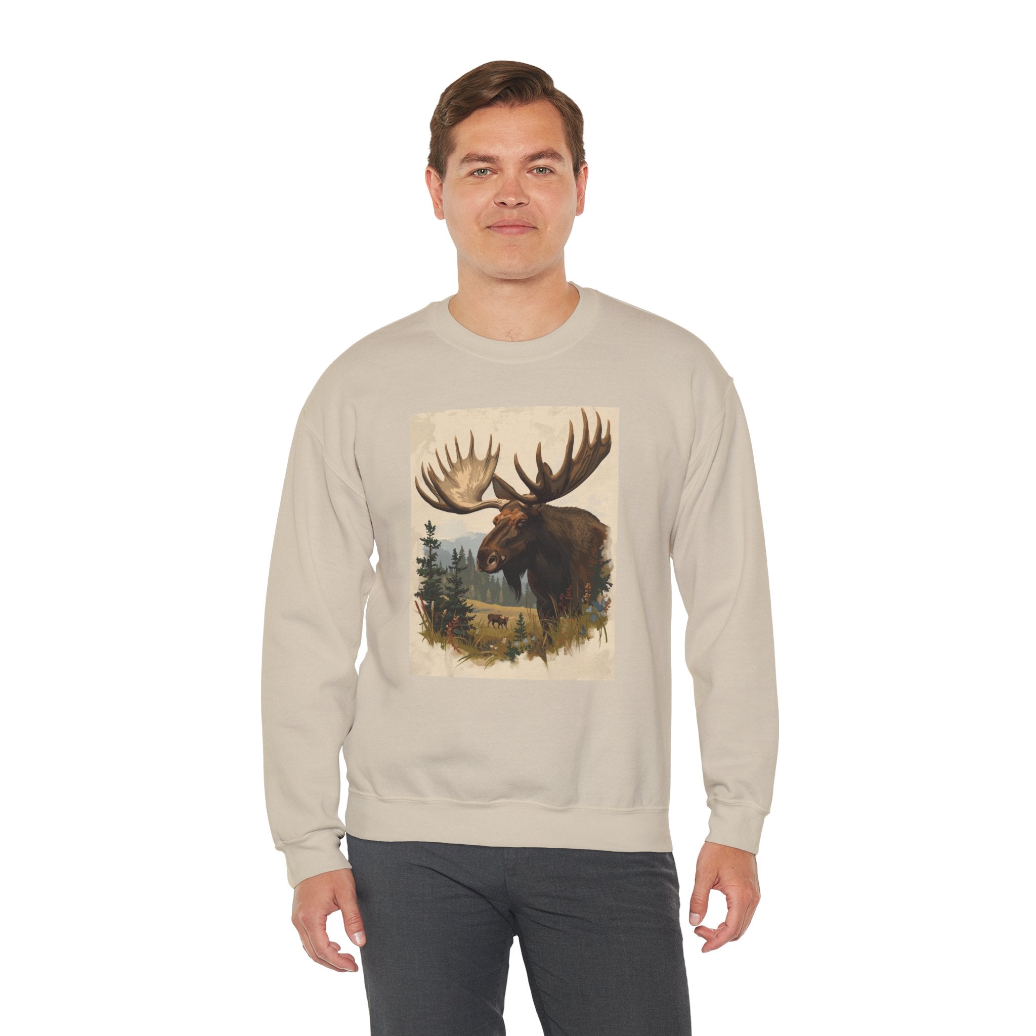 Moose in the Woods Crewneck Sweatshirt — Woodland Moose Illustration
