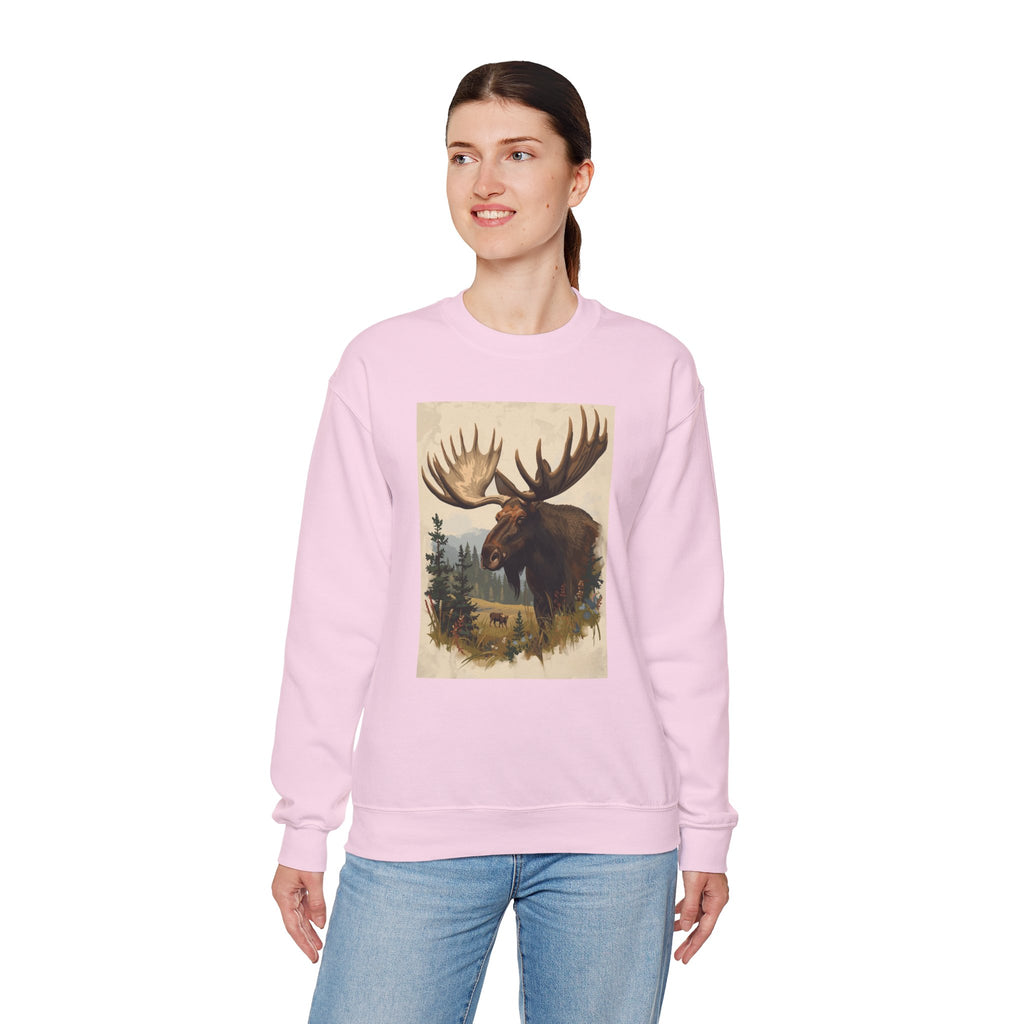Moose in the Woods Crewneck Sweatshirt — Woodland Moose Illustration