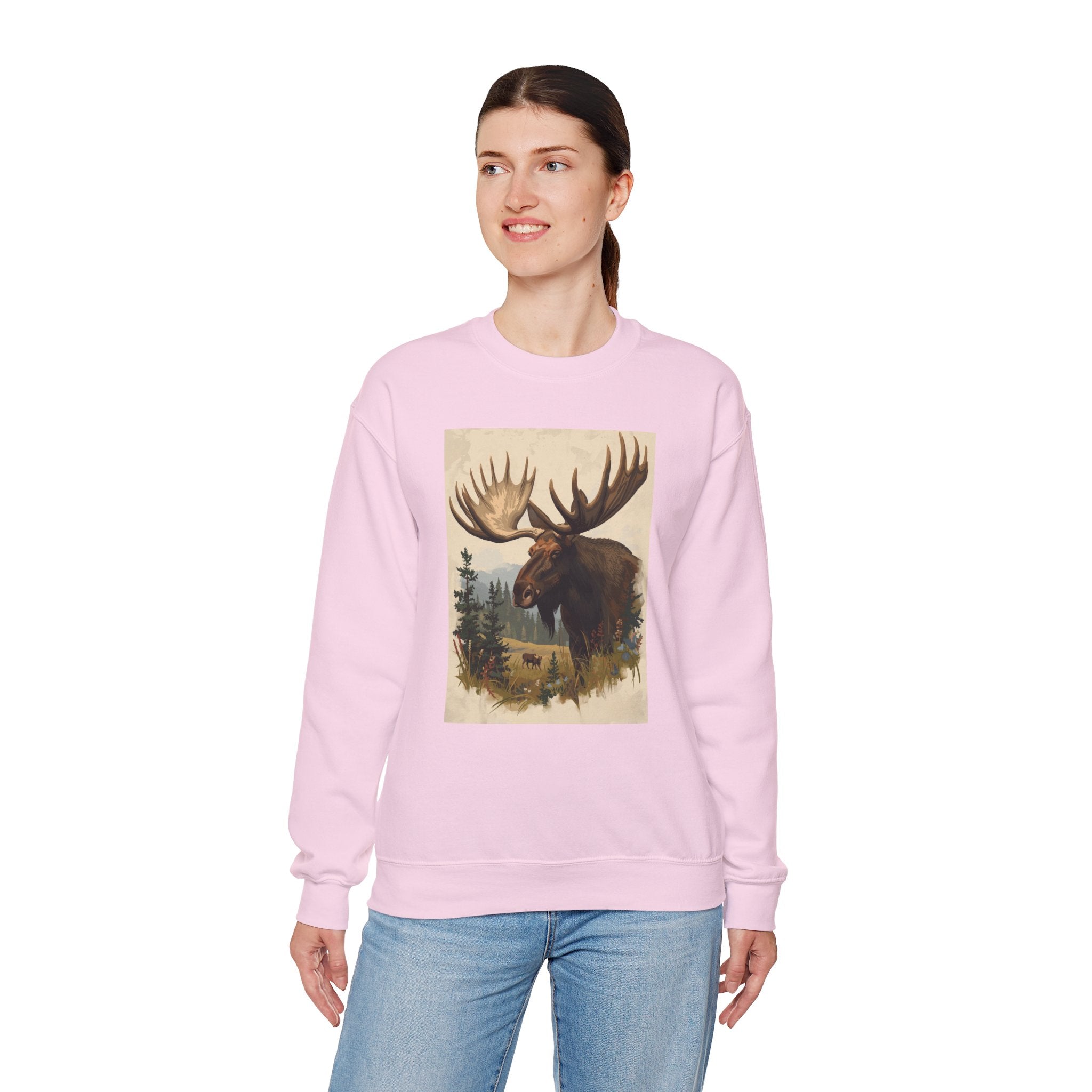 Moose in the Woods Crewneck Sweatshirt — Woodland Moose Illustration