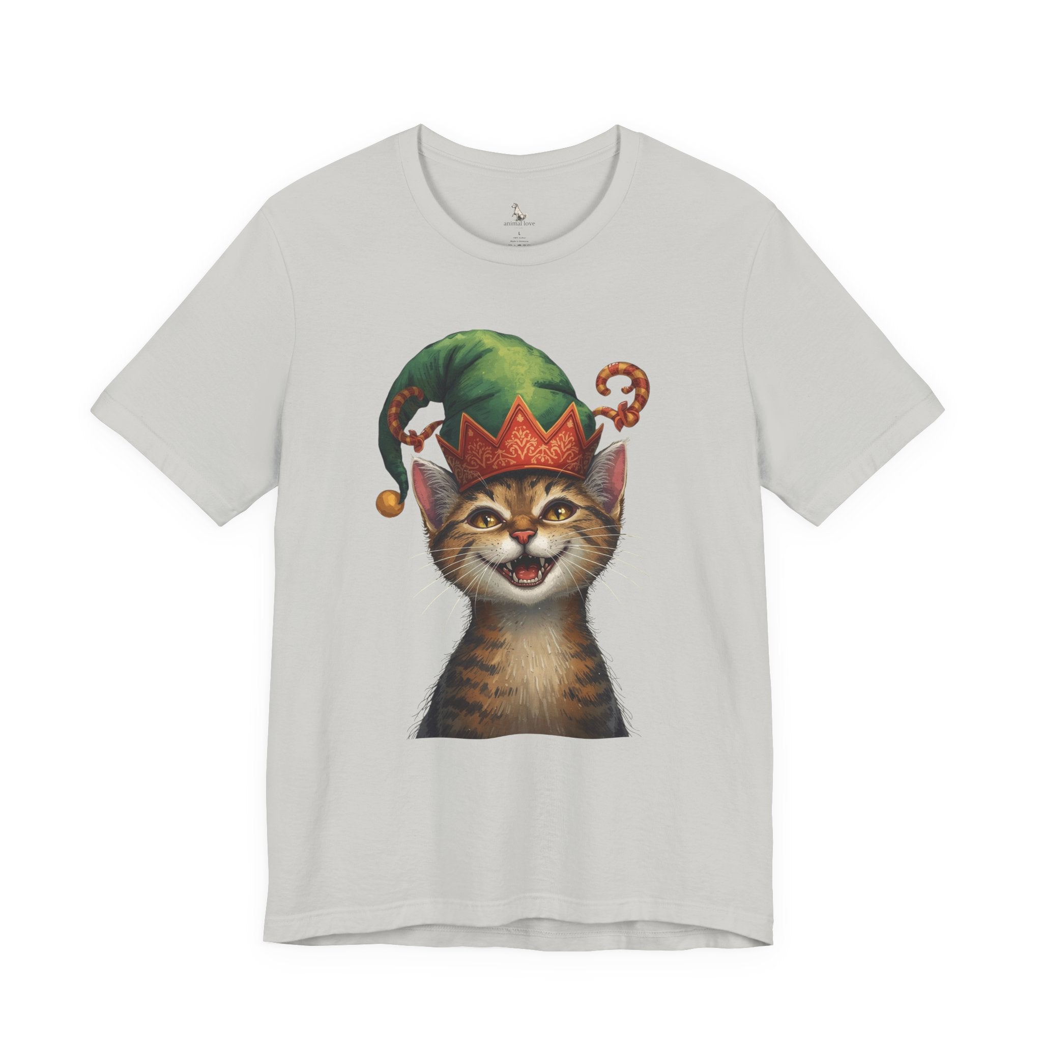 Cat Elf T-Shirt — Smiling Tabby in Festive Elf Hat