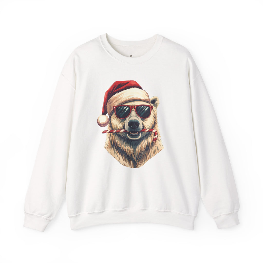 Christmas Polar Bear Crewneck Sweatshirt - Santa Hat & Candy Cane Holiday Pullover