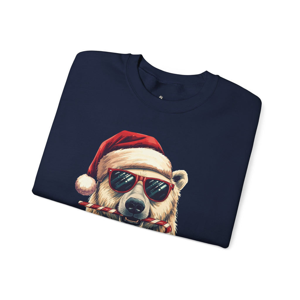 Christmas Polar Bear Crewneck Sweatshirt - Santa Hat & Candy Cane Holiday Pullover