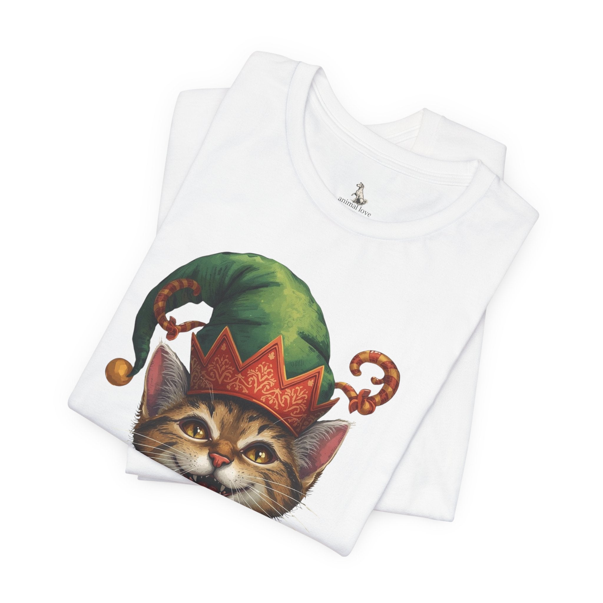 Cat Elf T-Shirt — Smiling Tabby in Festive Elf Hat
