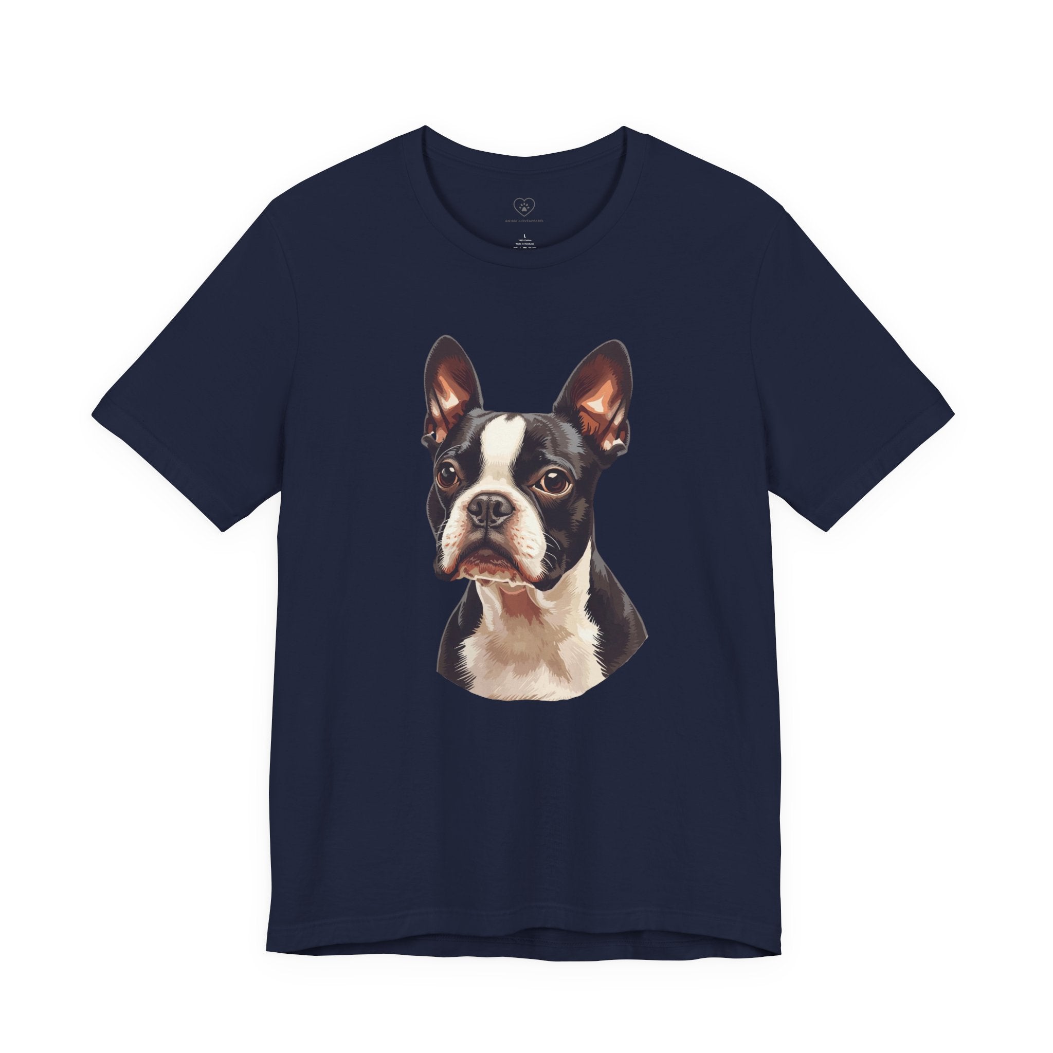 Boston Terrier Portrait T-Shirt – Realistic Dog Face Tee for Pet Lovers