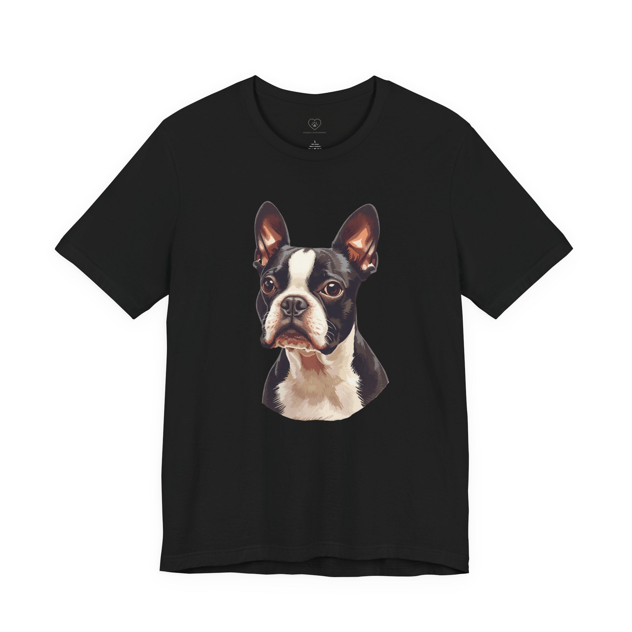 Boston Terrier Portrait T-Shirt – Realistic Dog Face Tee for Pet Lovers