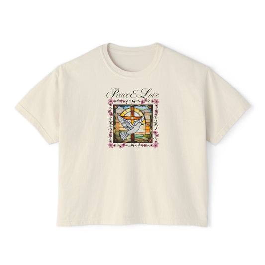 Christian Glass Art Boxy Tee with Peace & Love Dove symbol
