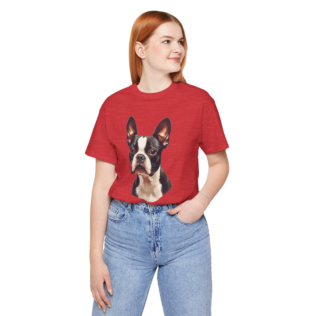 Boston Terrier Portrait T-Shirt – Realistic Dog Face Tee for Pet Lovers