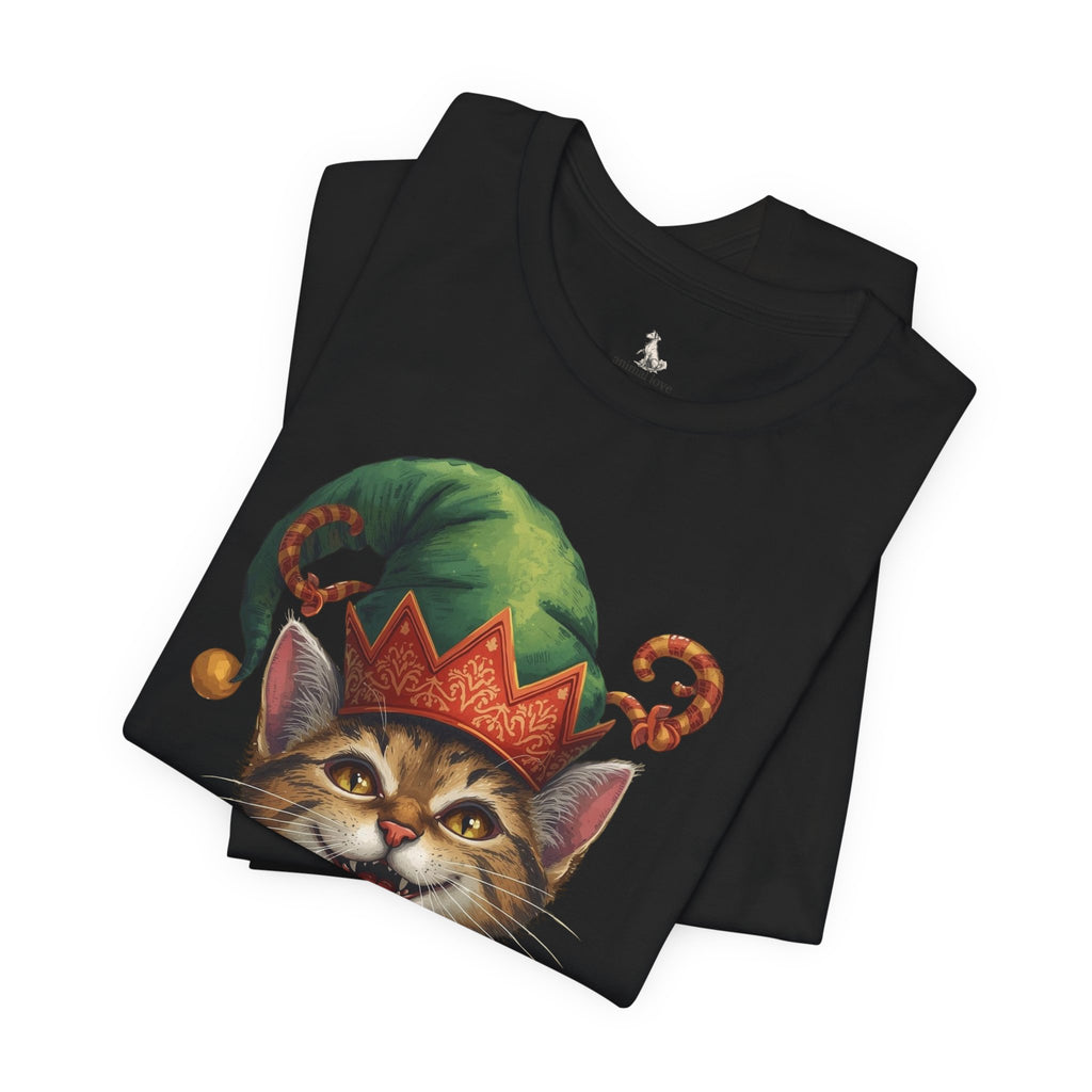 Cat Elf T-Shirt — Smiling Tabby in Festive Elf Hat