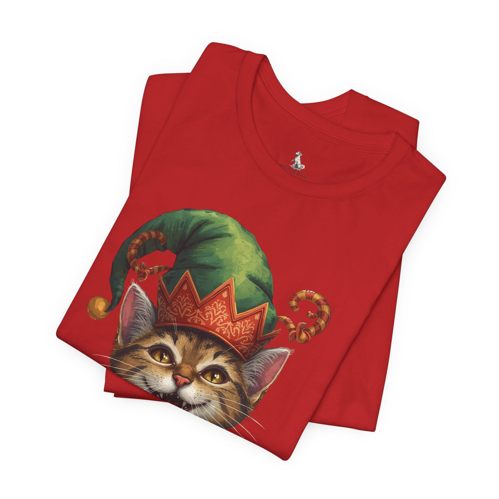 Cat Elf T-Shirt — Smiling Tabby in Festive Elf Hat