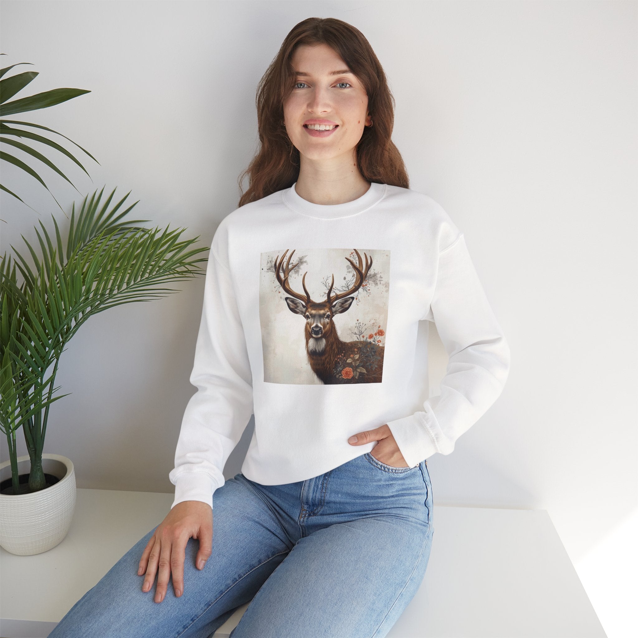 Deer Portrait Crewneck Sweatshirt — Rustic Stag Art Pullover
