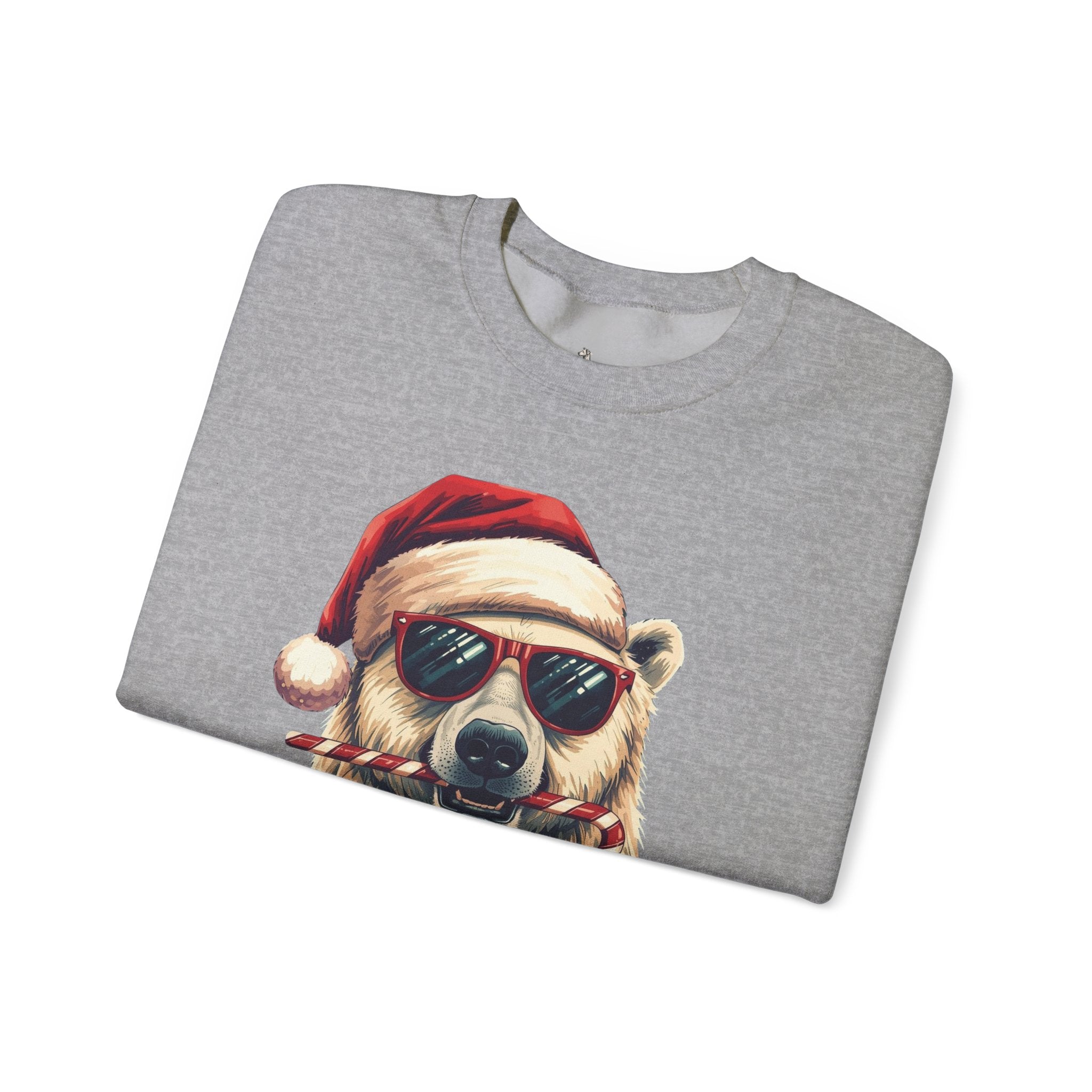 Christmas Polar Bear Crewneck Sweatshirt - Santa Hat & Candy Cane Holiday Pullover