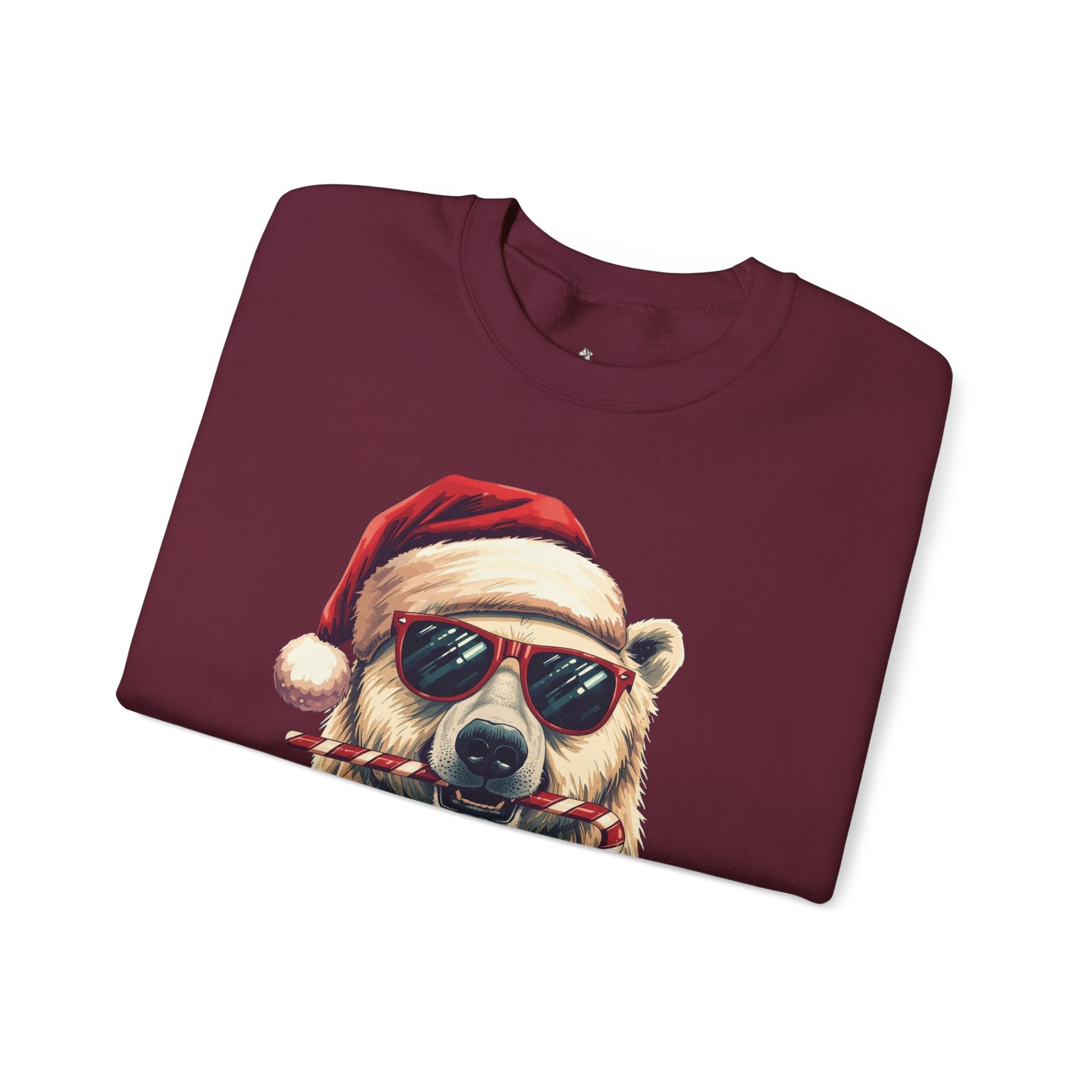 Christmas Polar Bear Crewneck Sweatshirt - Santa Hat & Candy Cane Holiday Pullover